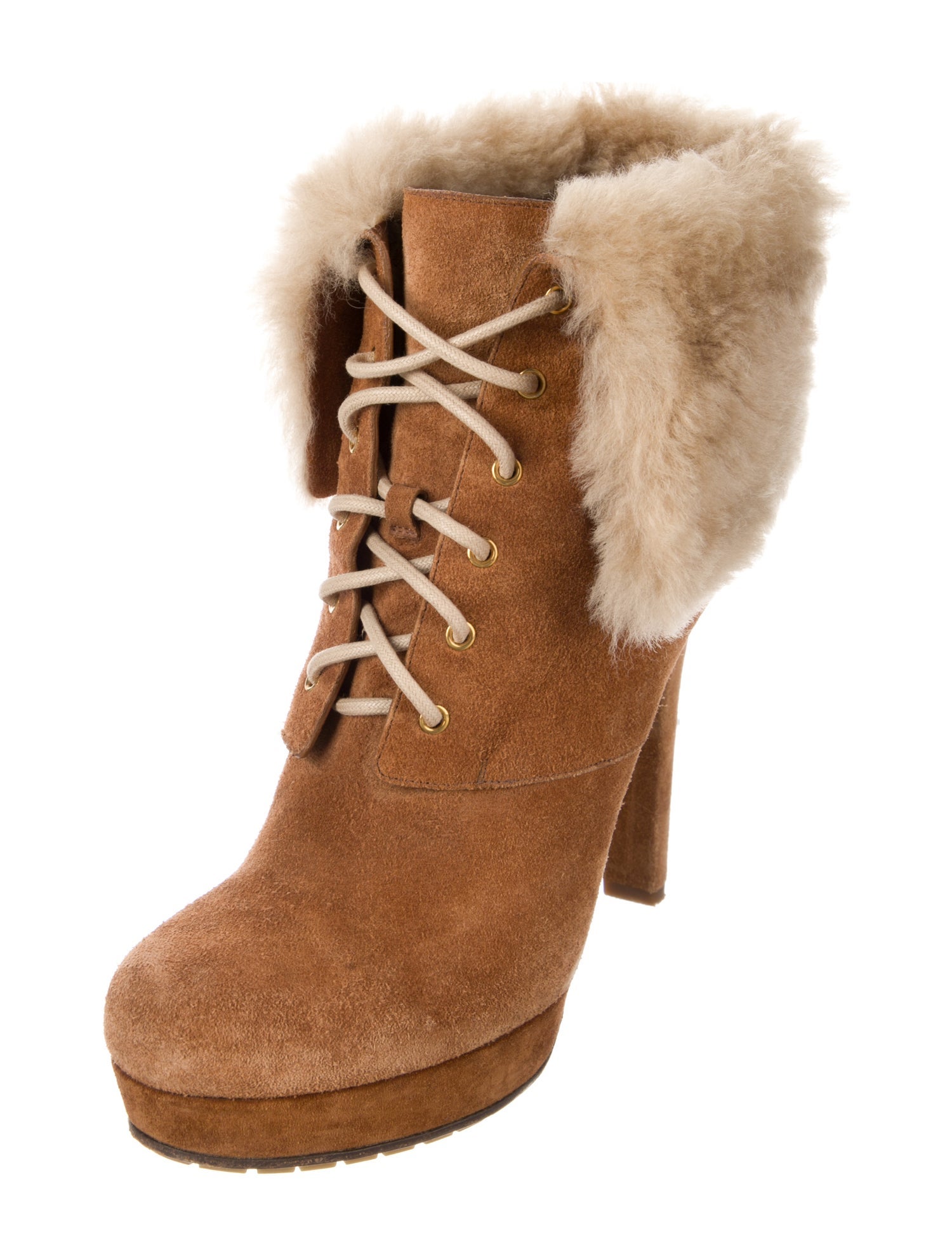 Gucci Suede Fur Trim Lace-Up Boots