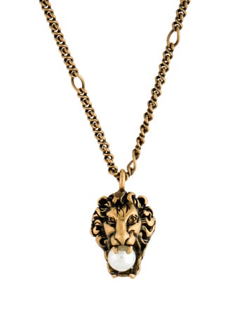 Gucci Faux Pearl Lion Head Pendant Necklace