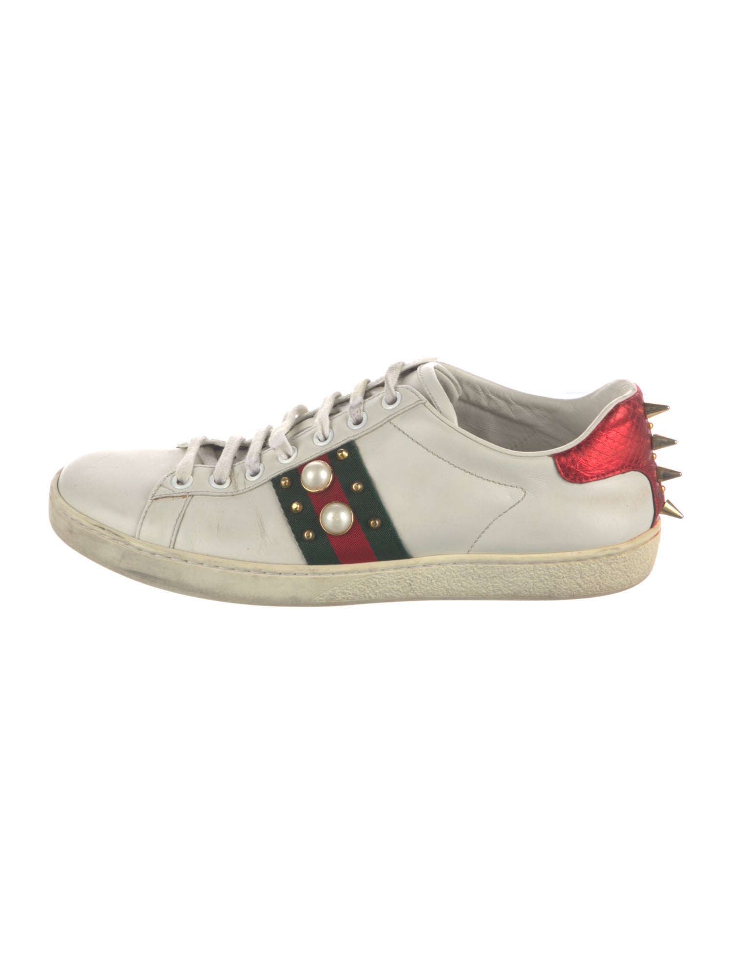 Gucci Faux Pearl Accents Leather Sneakers