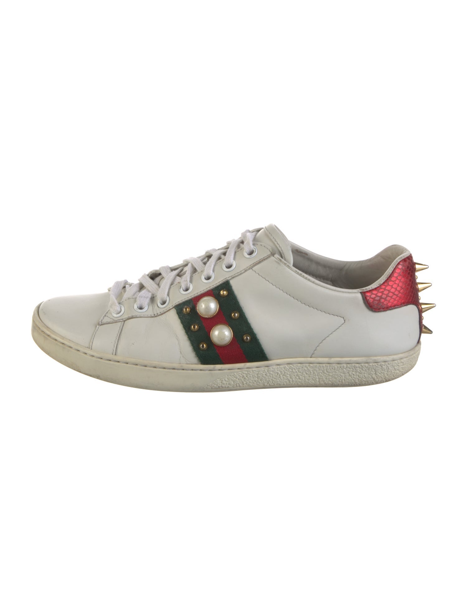 Gucci Faux Pearl Accents Leather Sneakers