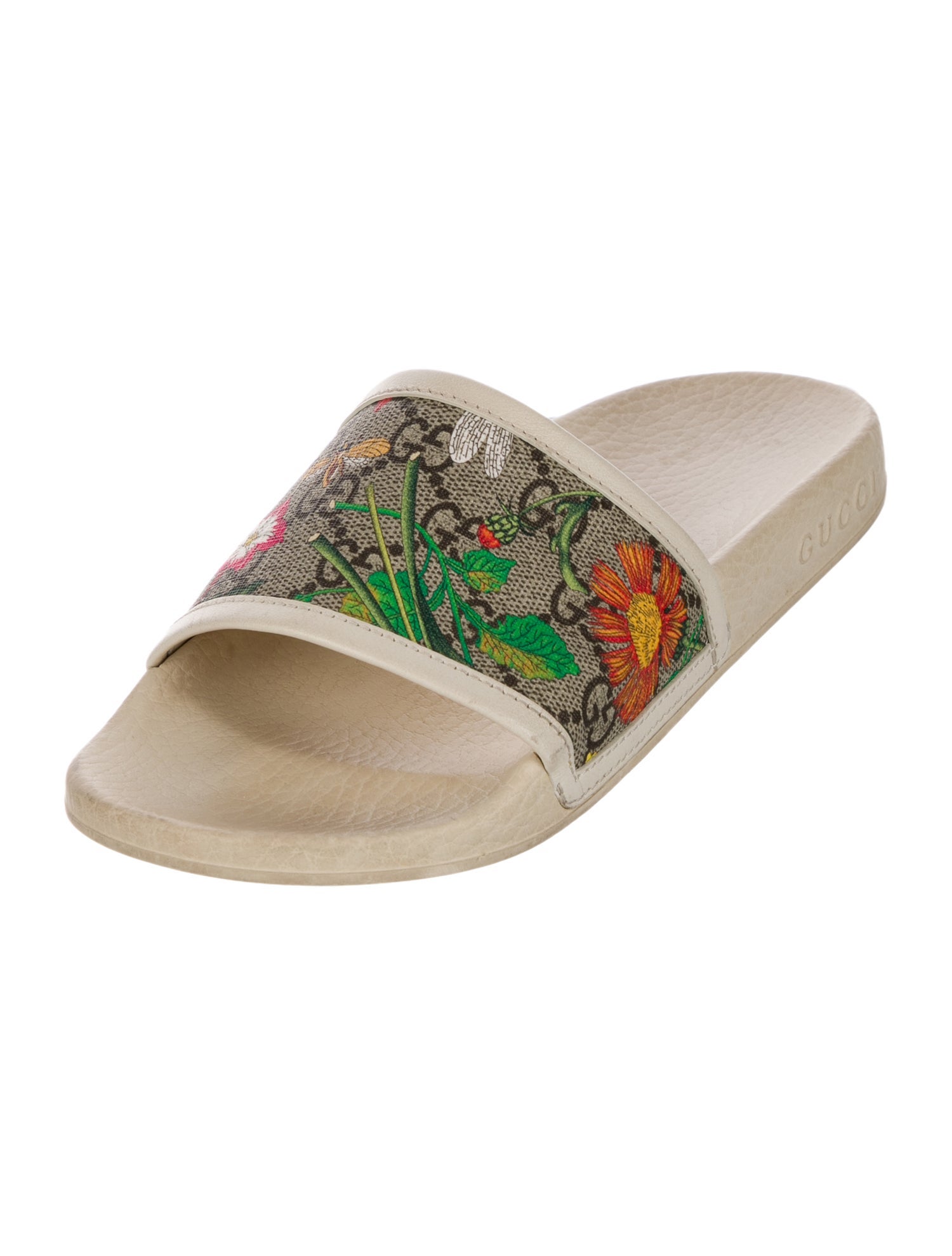 Gucci Flora Print Leather Trim Embellishment Slides
