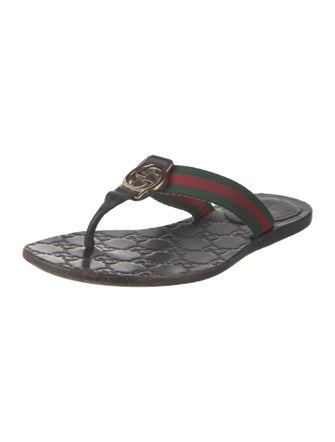 Gucci Web Accent Leather Trim Embellishment Flip Flops
