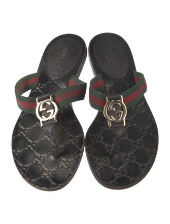 Gucci Web Accent Leather Trim Embellishment Flip Flops