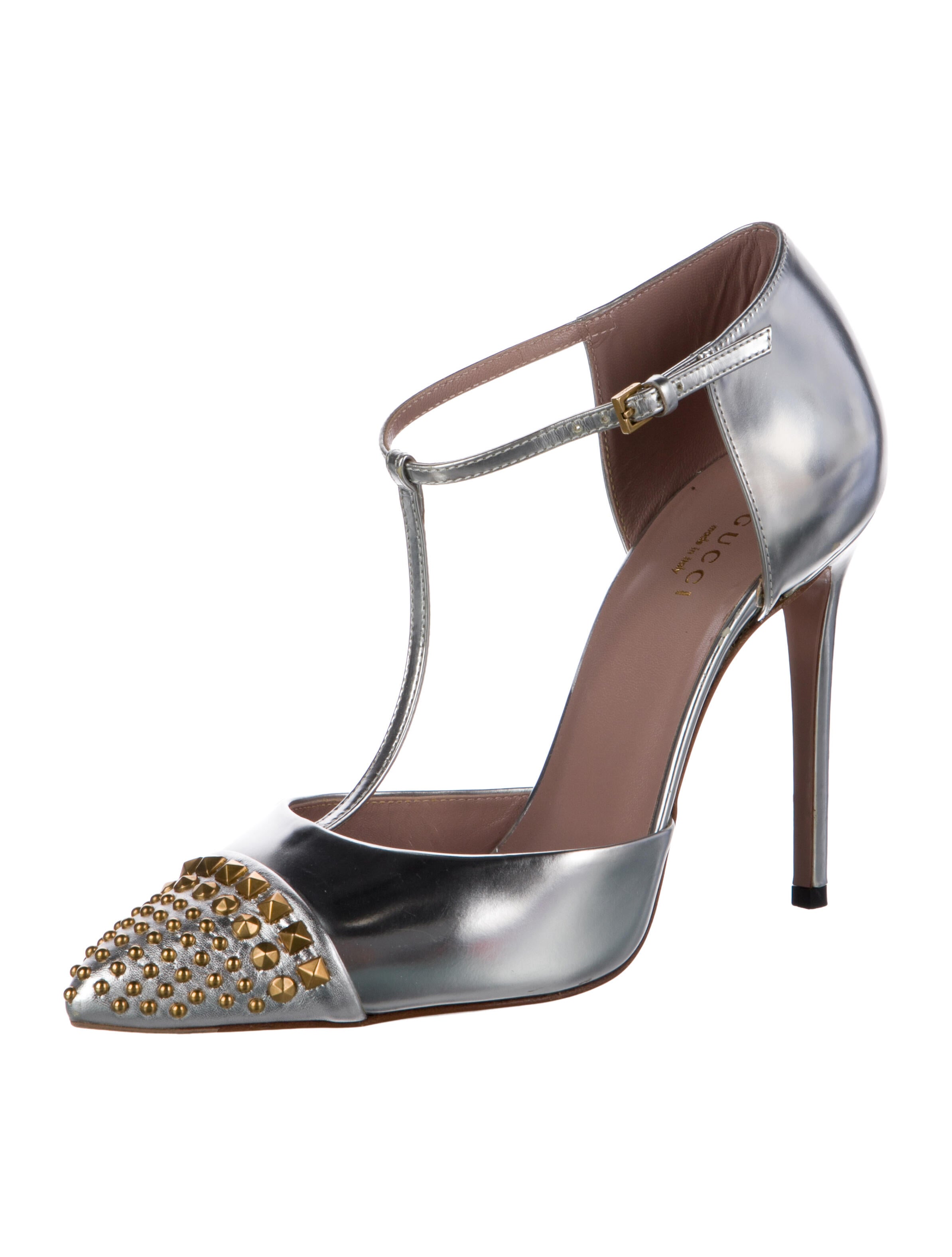 Gucci Rockstud Accents Leather T-Strap Pumps