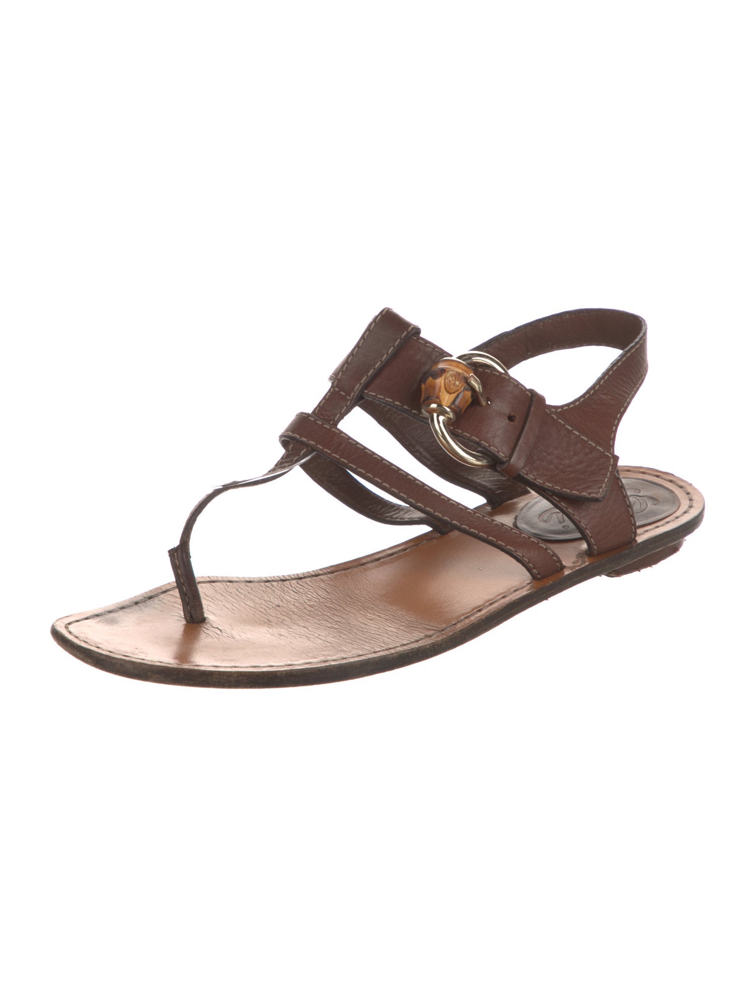 Gucci Bamboo Accent Leather T-Strap Sandals