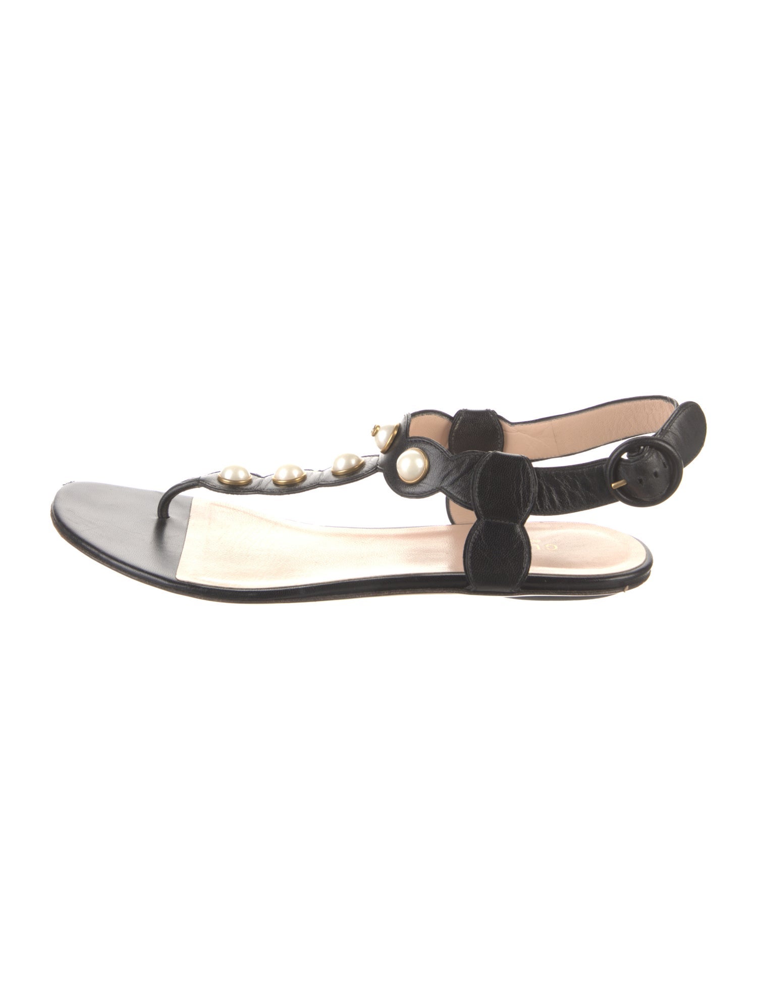 Gucci Faux Pearl Accents Leather T-Strap Sandals