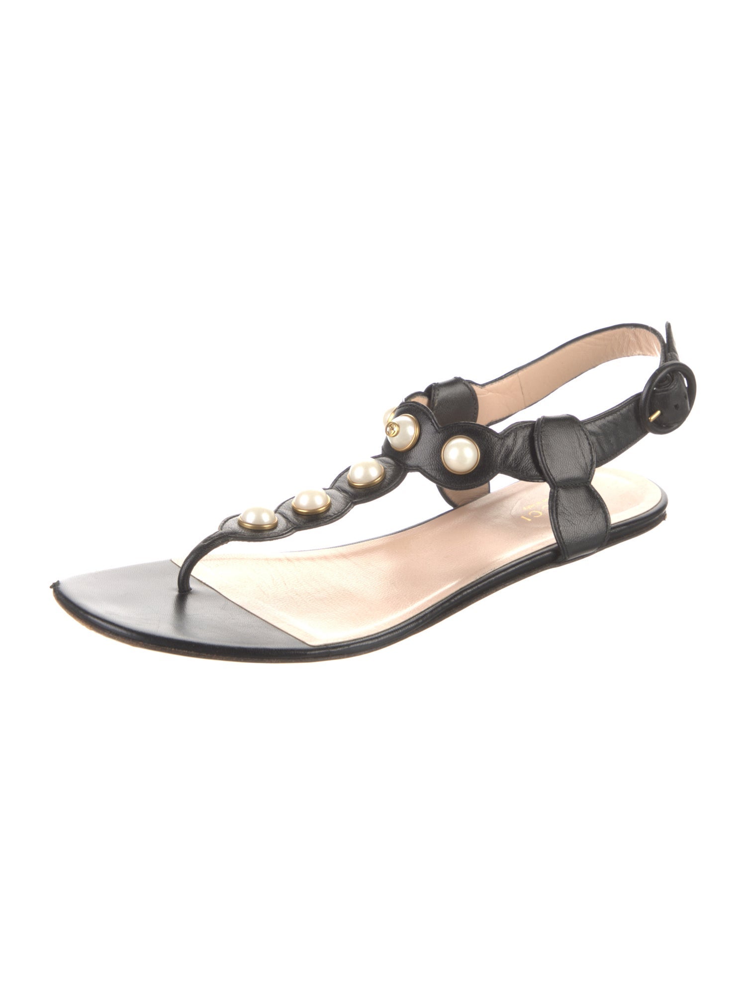 Gucci Faux Pearl Accents Leather T-Strap Sandals