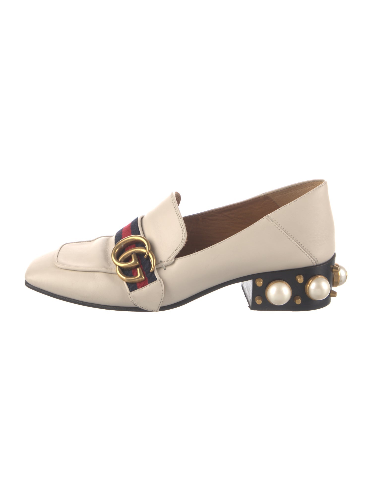Gucci Faux Pearl Accents Leather Loafers