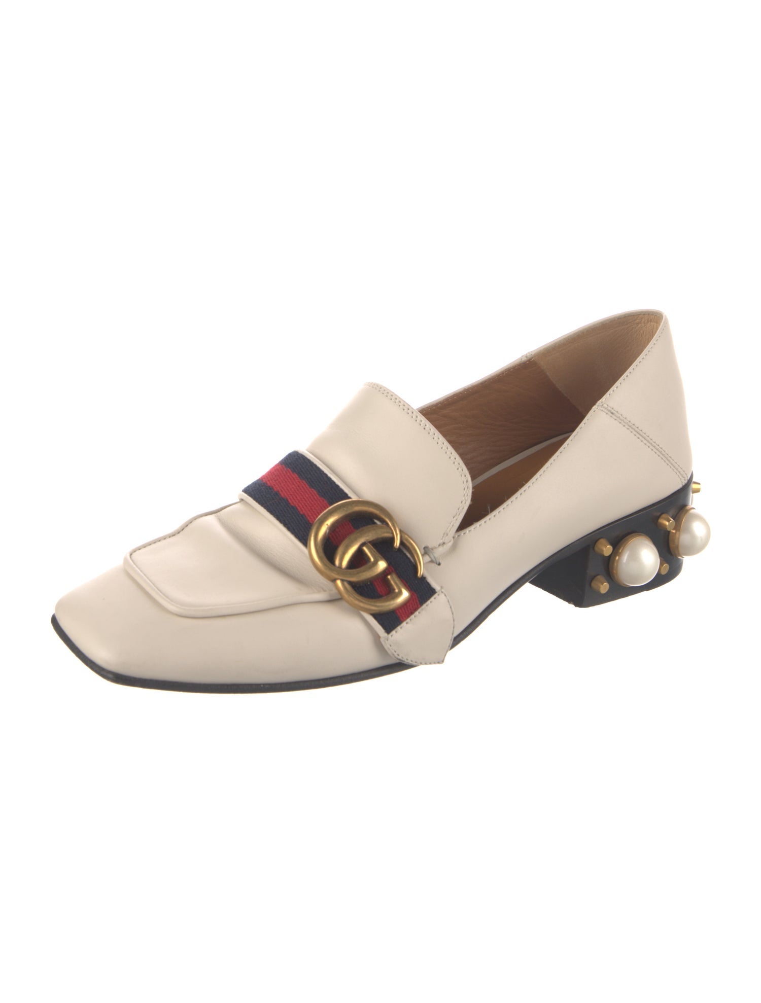 Gucci Faux Pearl Accents Leather Loafers