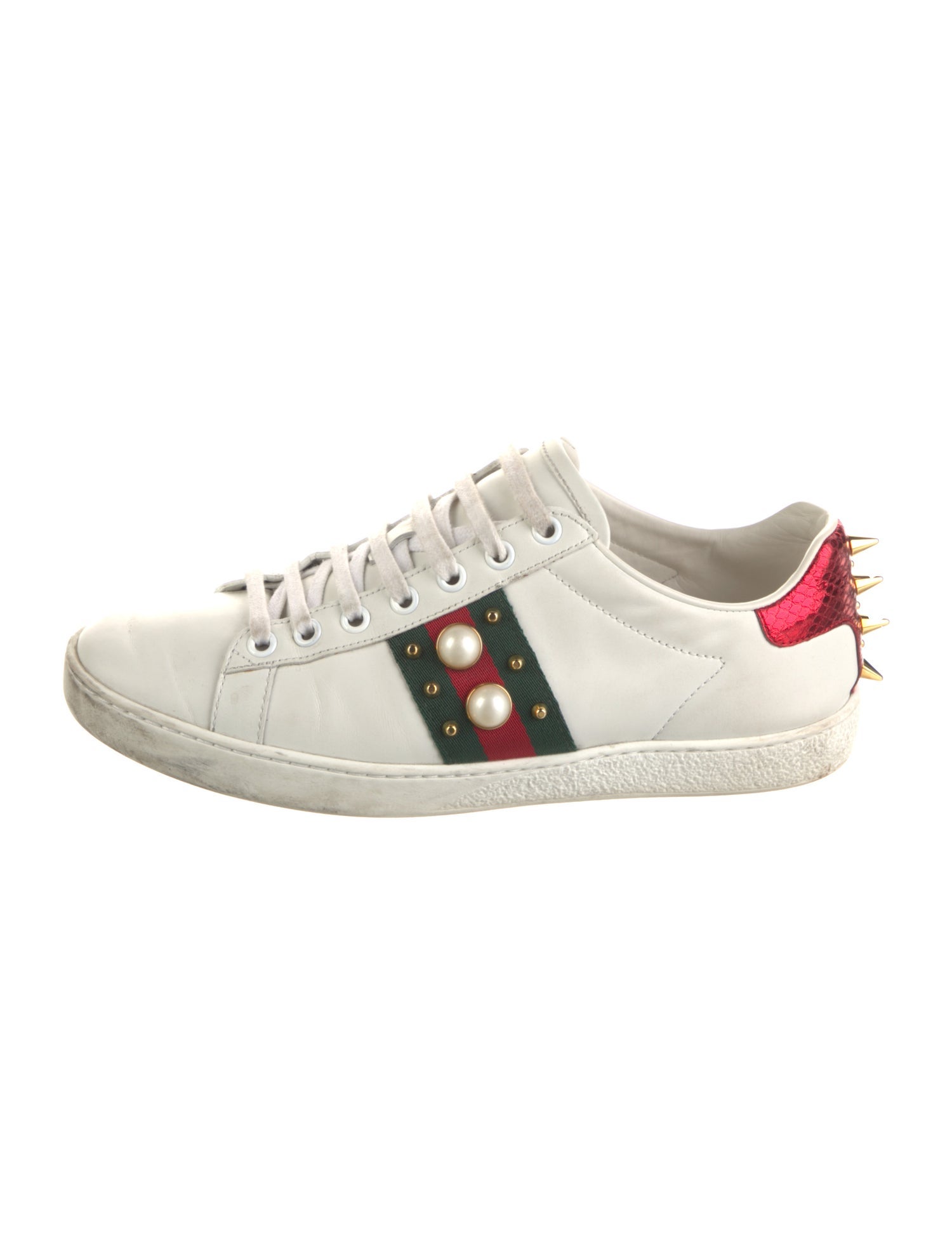 Gucci Faux Pearl Accents Leather Sneakers