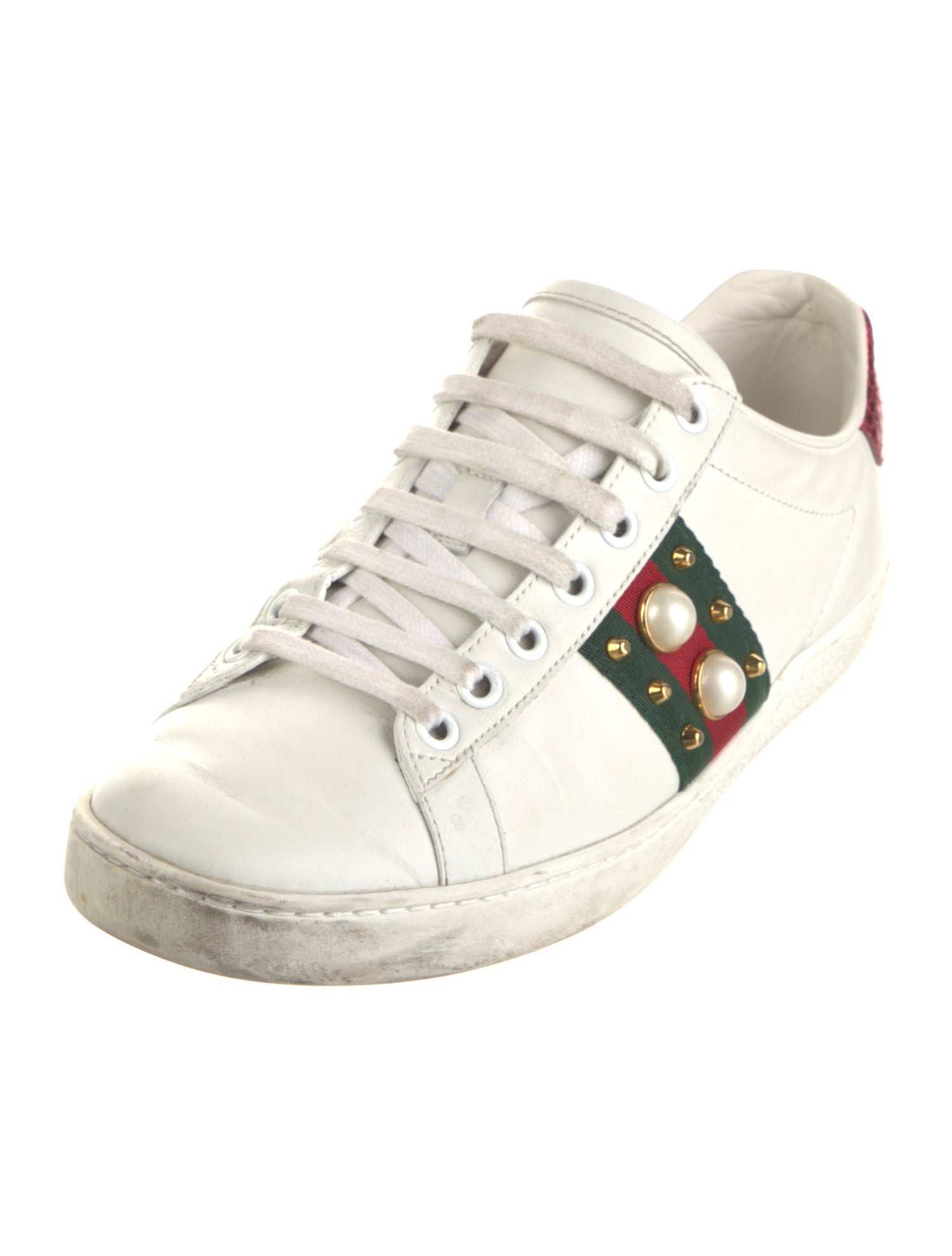 Gucci Faux Pearl Accents Leather Sneakers