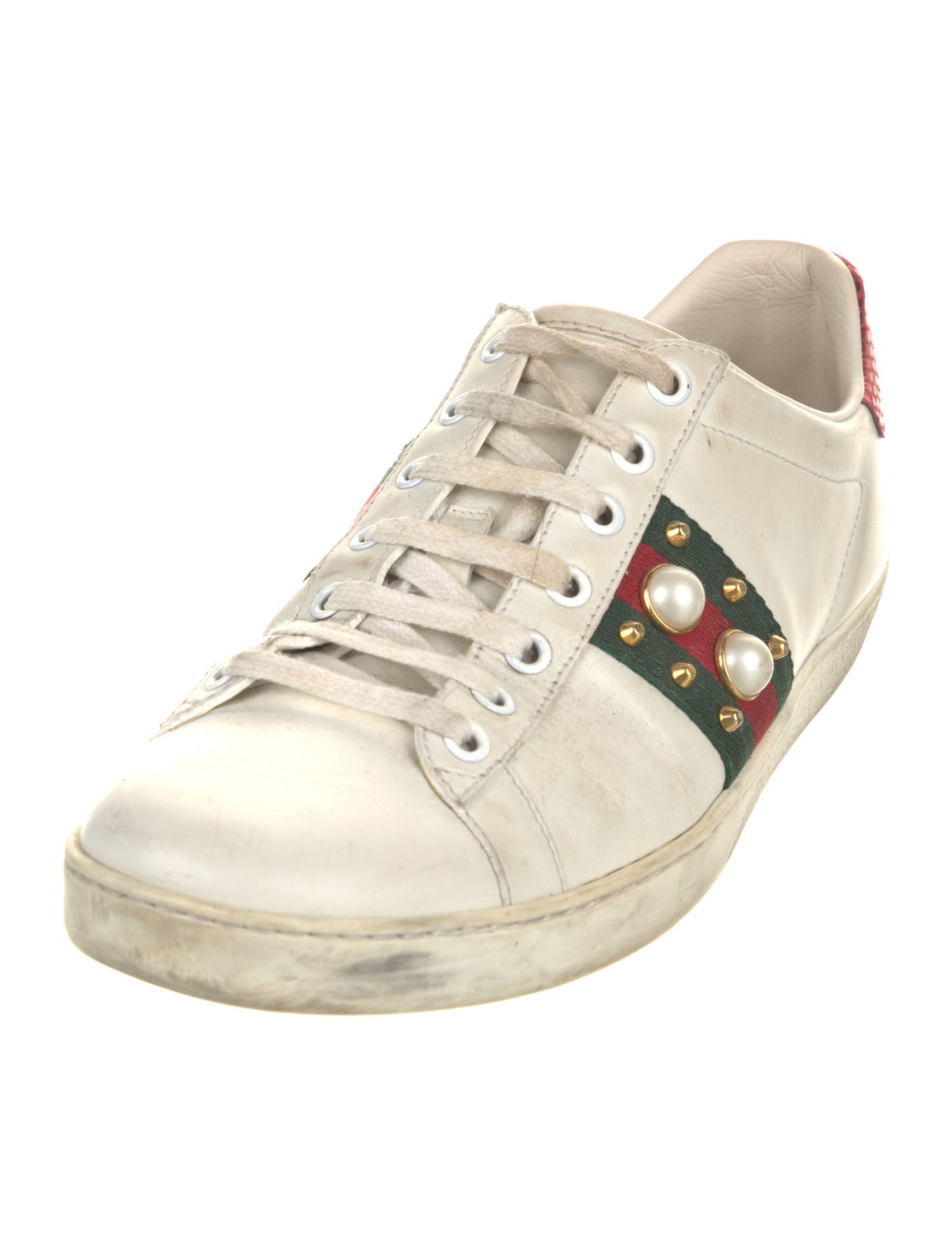 Gucci Faux Pearl Accents Leather Sneakers