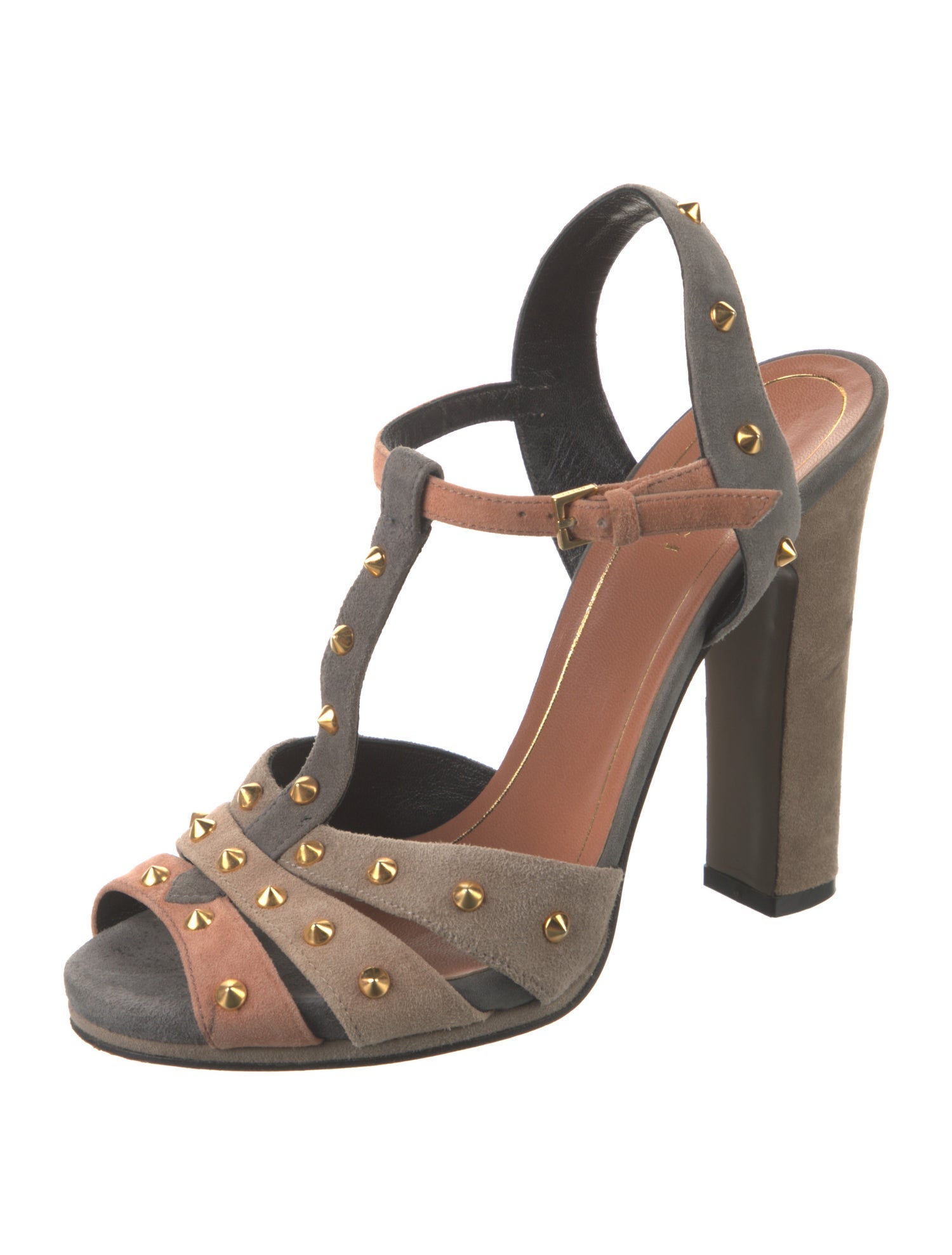 Gucci Spike Accents Suede T-Strap Pumps