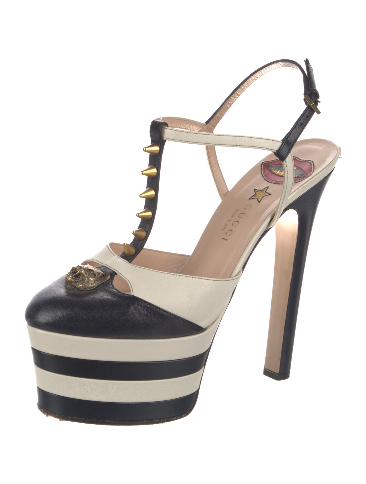 Gucci Spike Accents Leather T-Strap Pumps