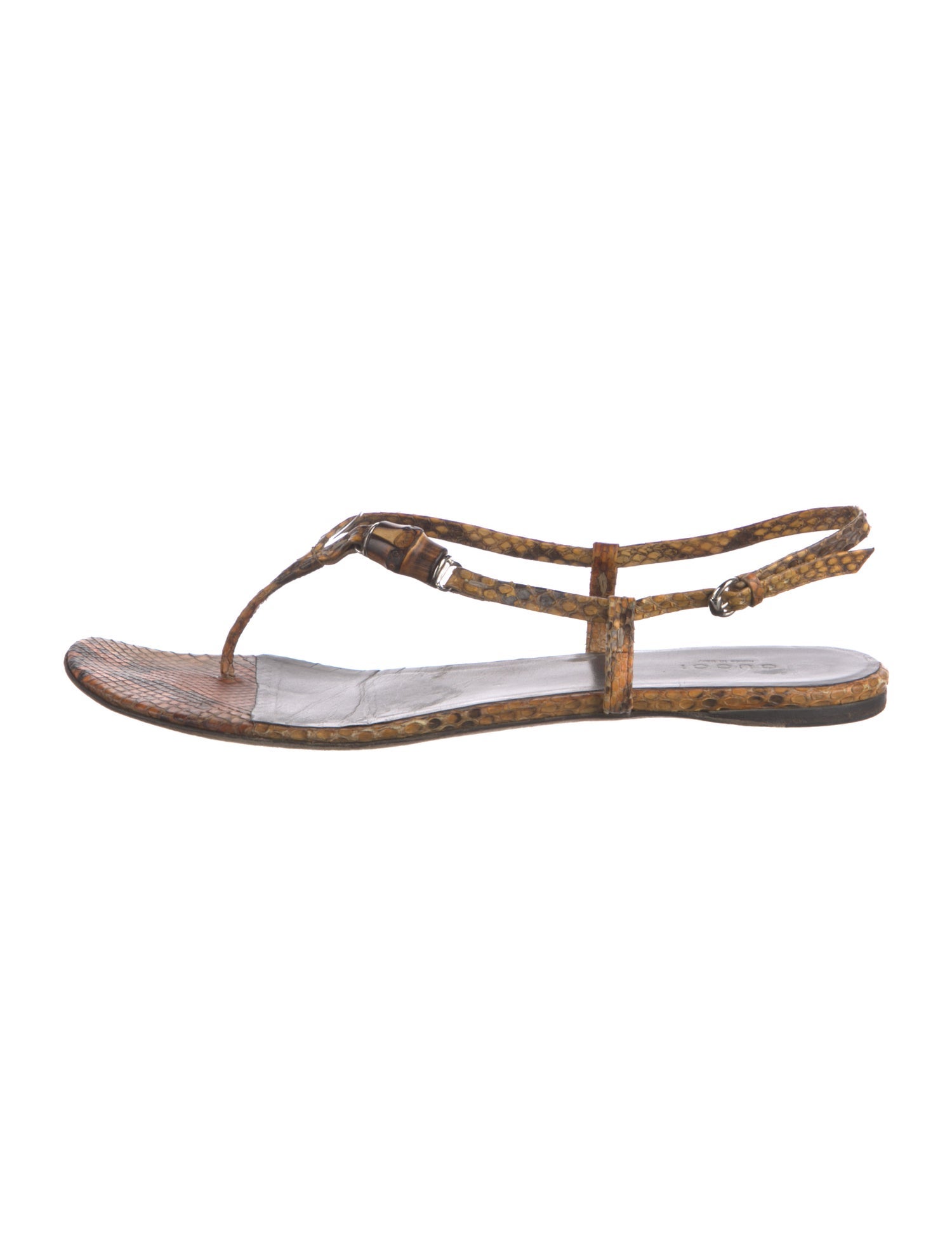 Gucci Bamboo Accent Snakeskin T-Strap Sandals