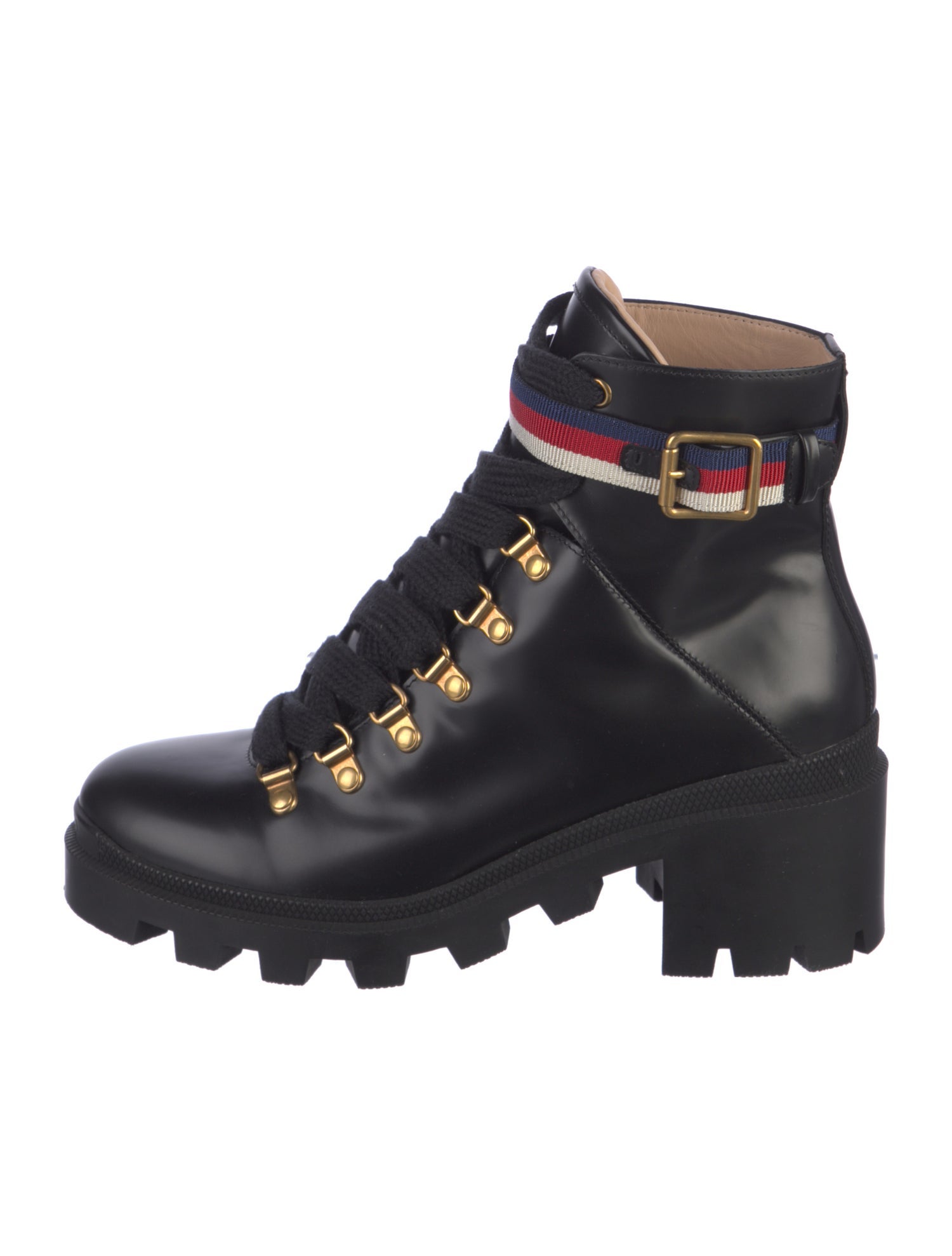 Gucci Sylvie Web Accent Leather Combat Boots