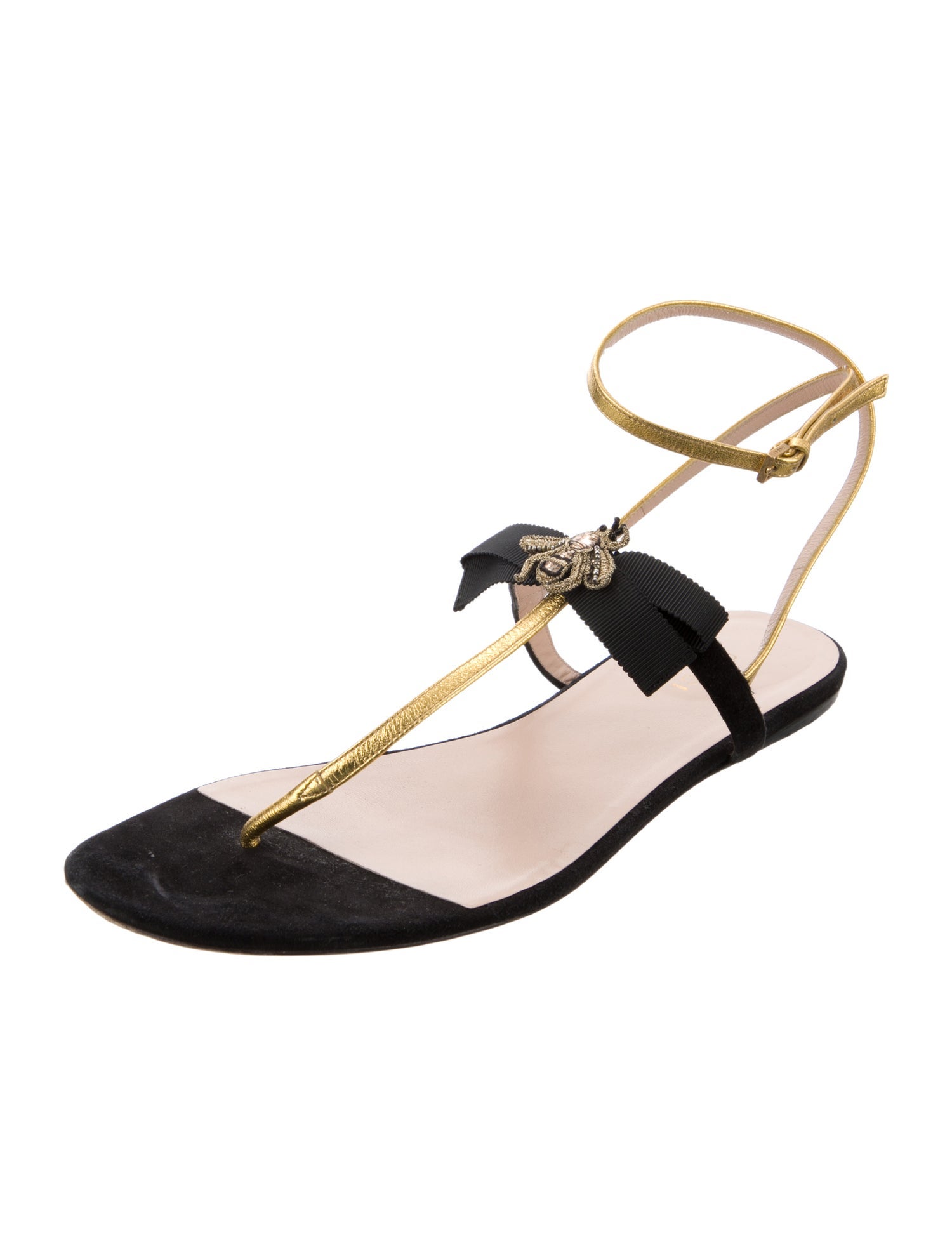 Gucci Bee Accent Satin T-Strap Sandals