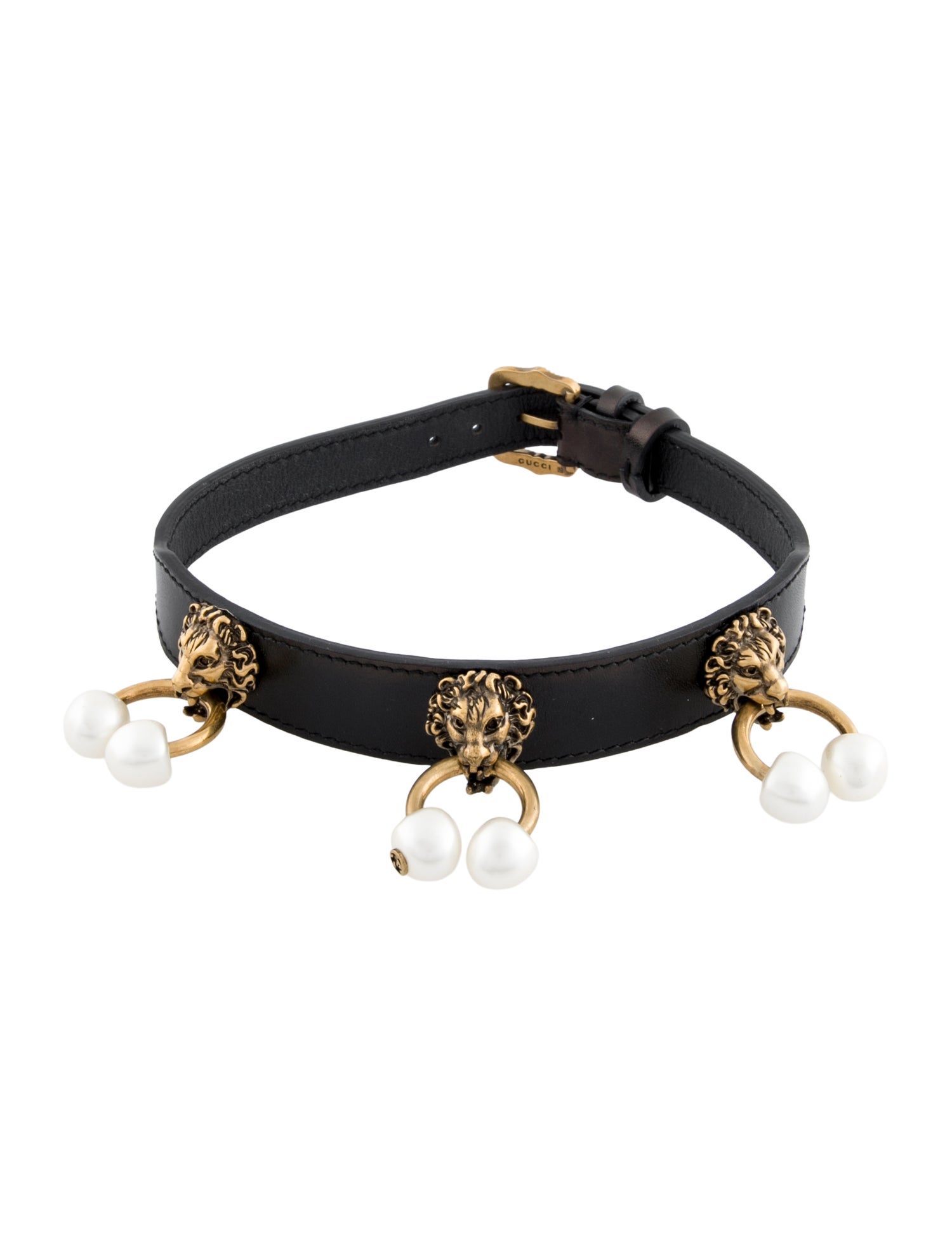 Gucci Leather & Faux Pearl Lion Head Choker Necklace