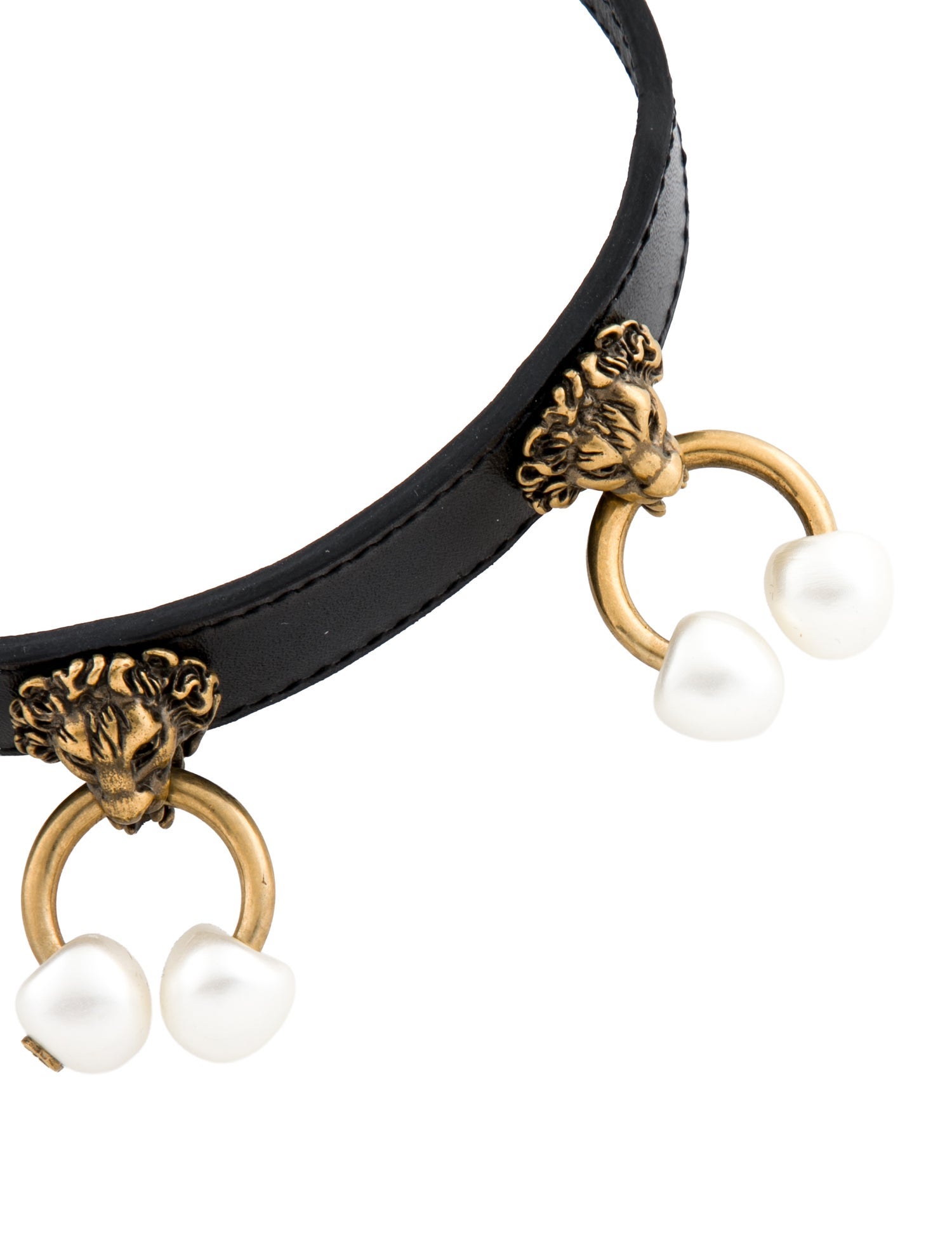 Gucci Leather & Faux Pearl Lion Head Choker Necklace