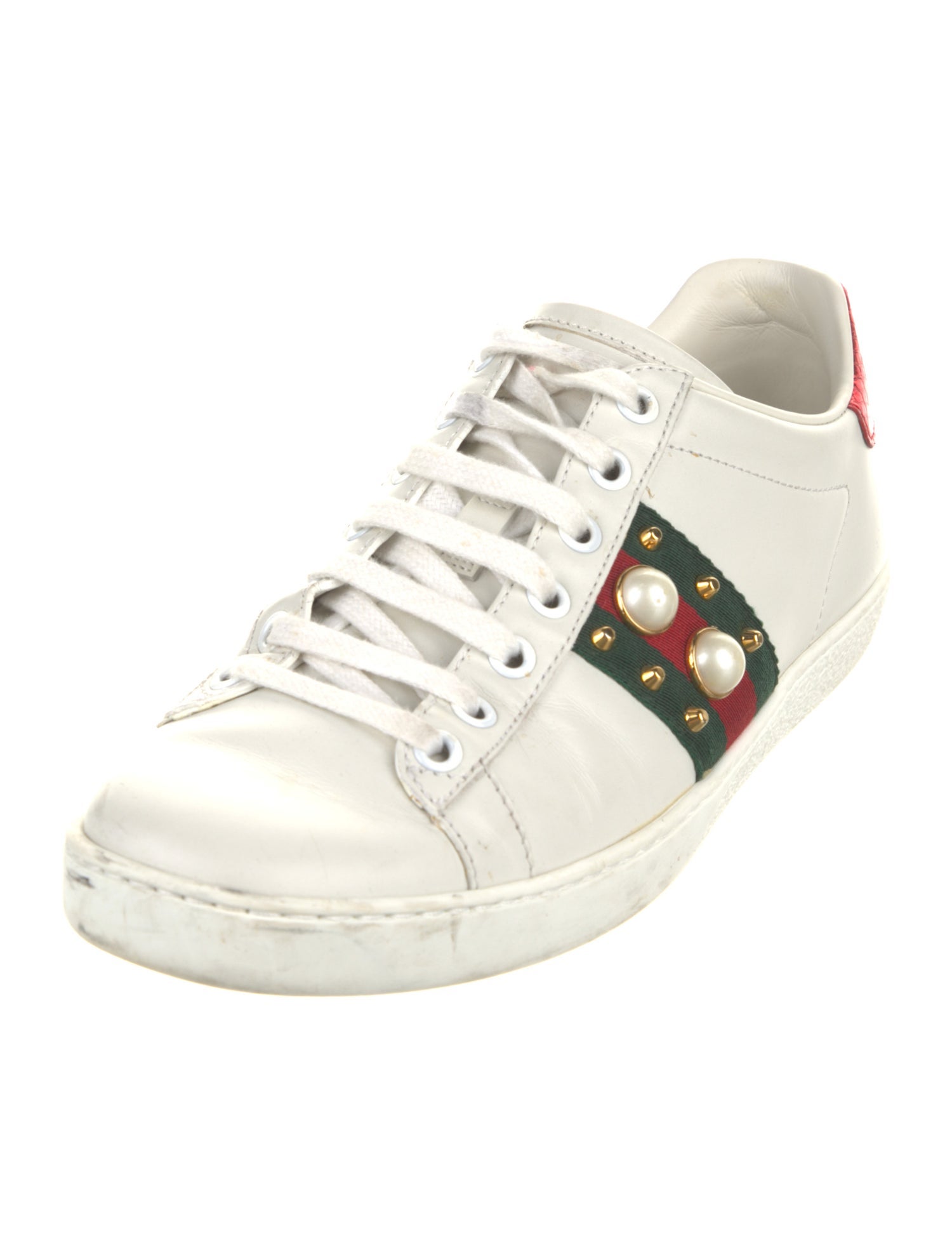 Gucci Faux Pearl Accents Leather Sneakers