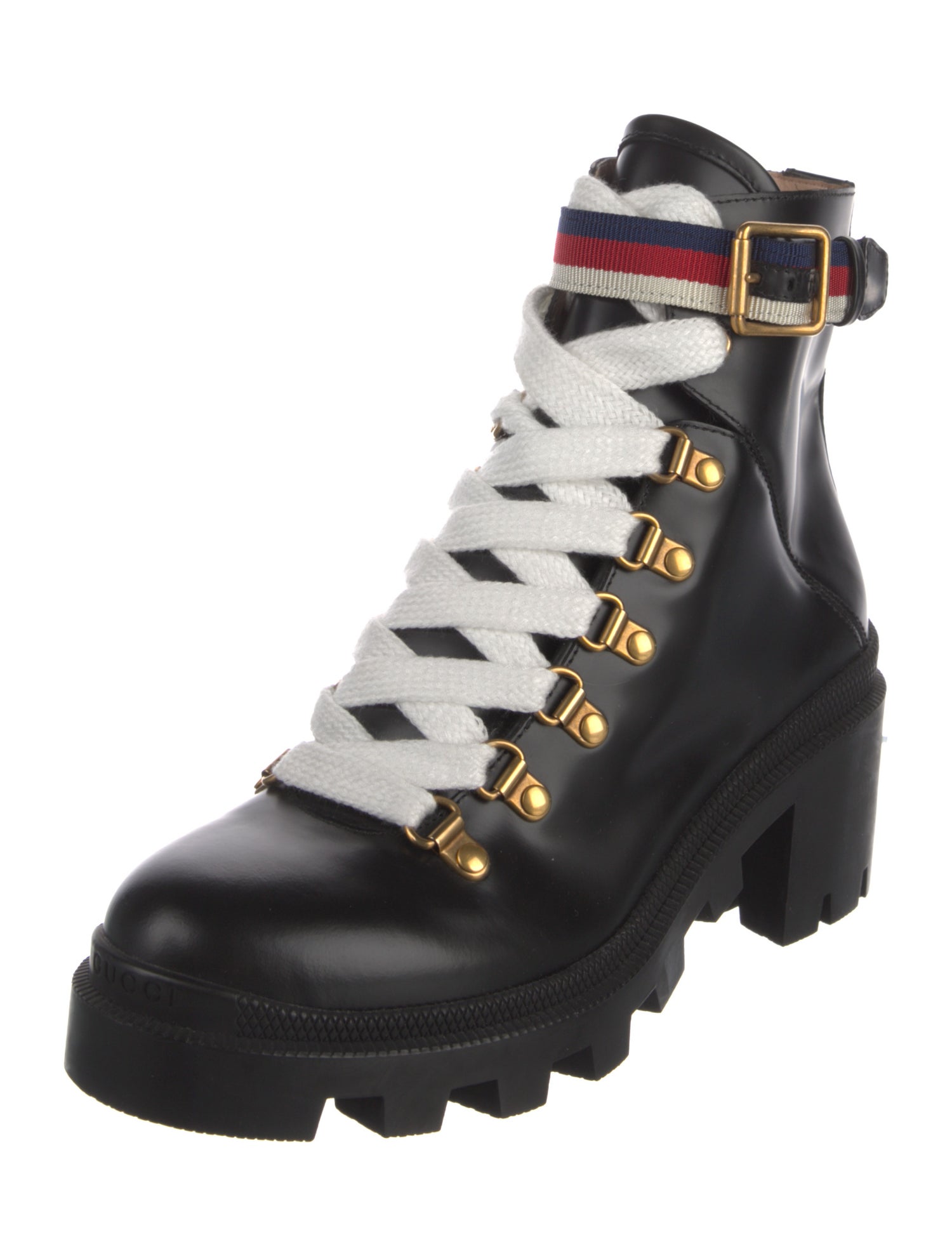 Gucci Sylvie Web Accent Leather Combat Boots
