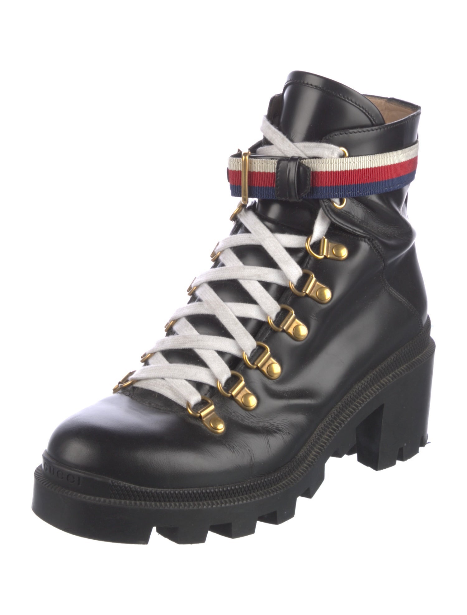 Gucci Sylvie Web Accent Leather Combat Boots
