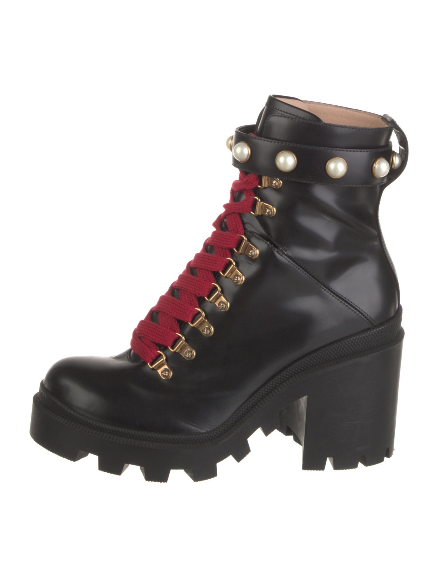 Gucci Faux Pearl Accents Leather Combat Boots