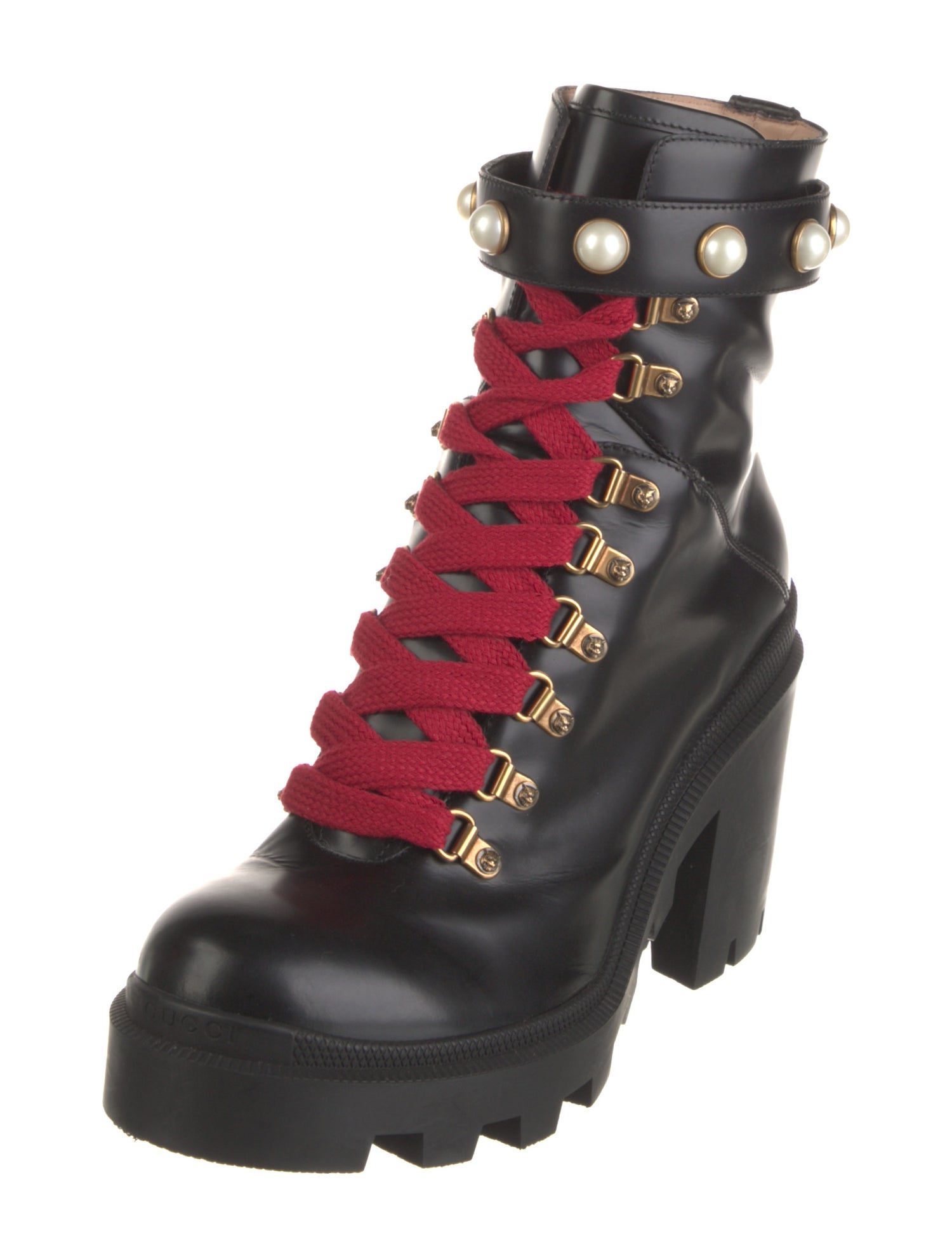 Gucci Faux Pearl Accents Leather Combat Boots