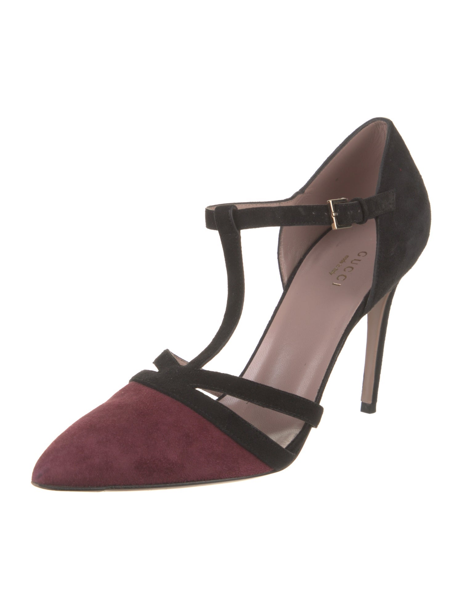 Gucci Suede Colorblock Pattern T-Strap Pumps
