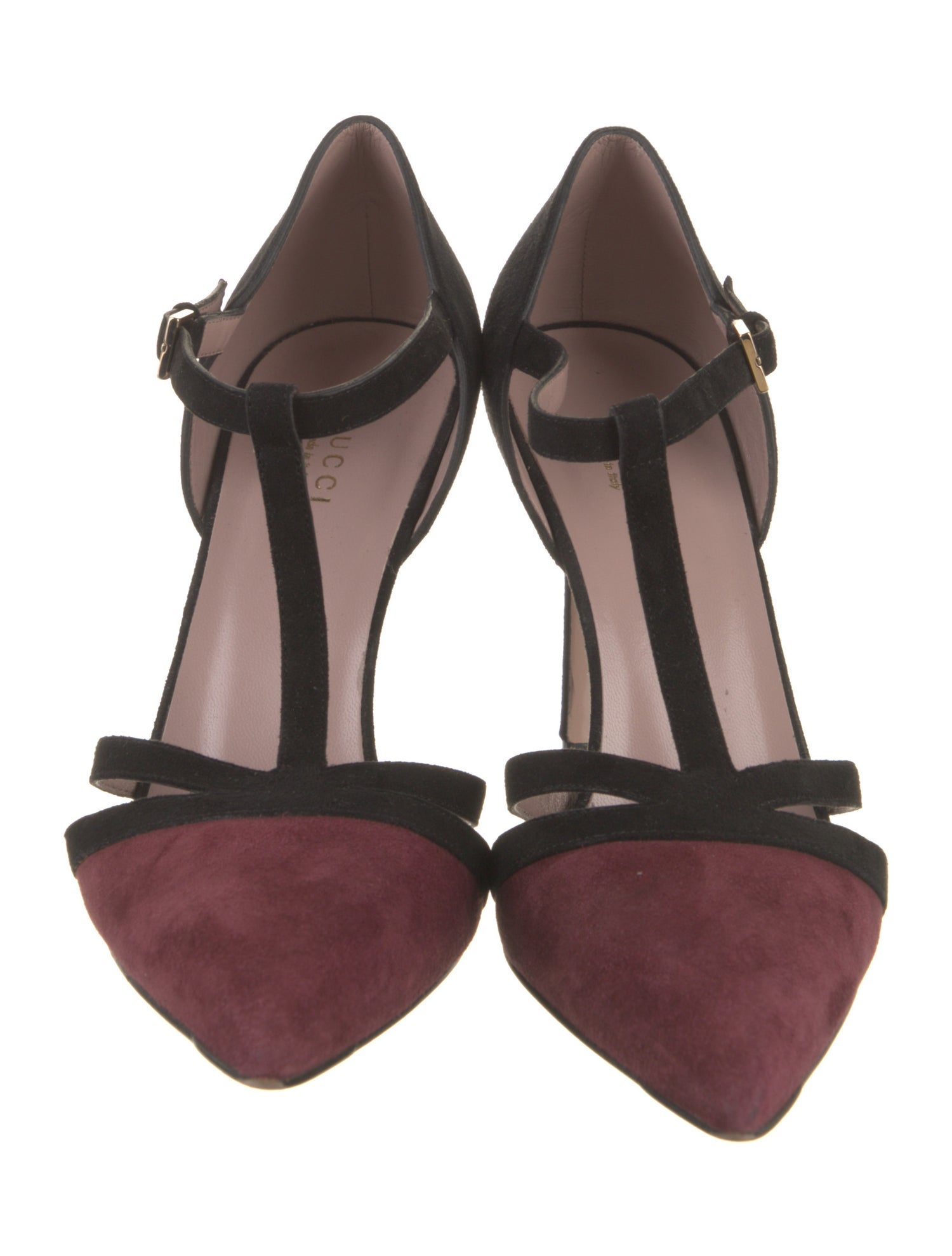 Gucci Suede Colorblock Pattern T-Strap Pumps