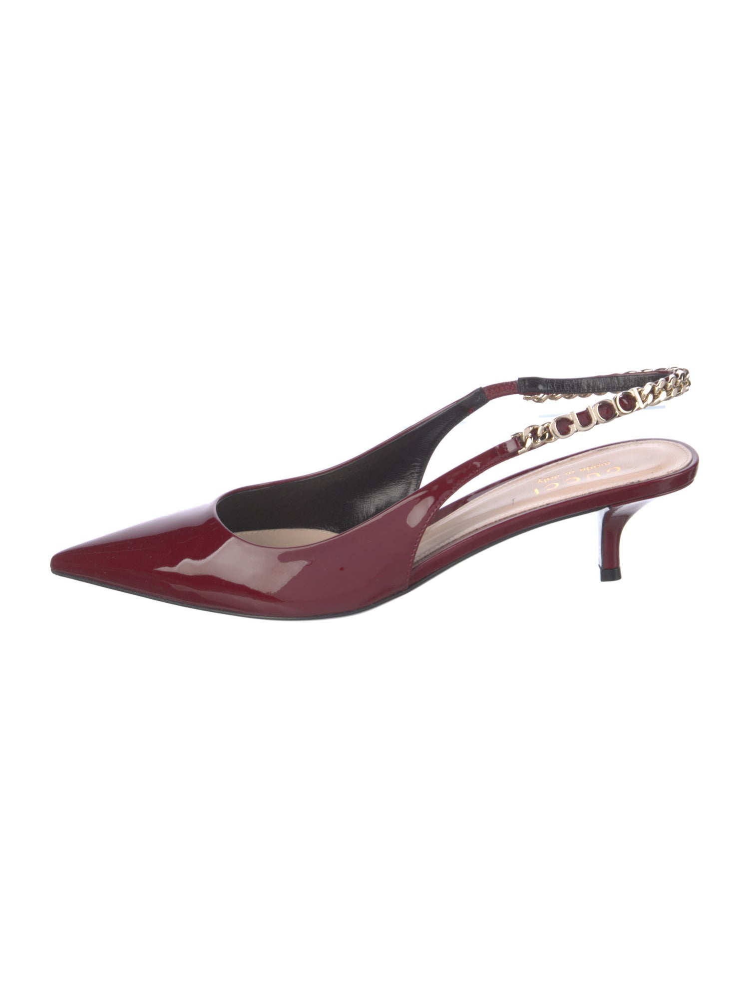 Gucci Patent Leather Chain-Link Accents Slingback Pumps