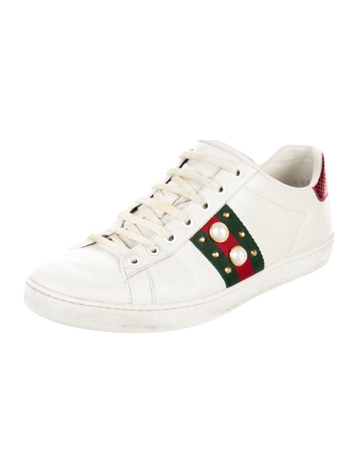 Gucci Faux Pearl Accents Leather Sneakers