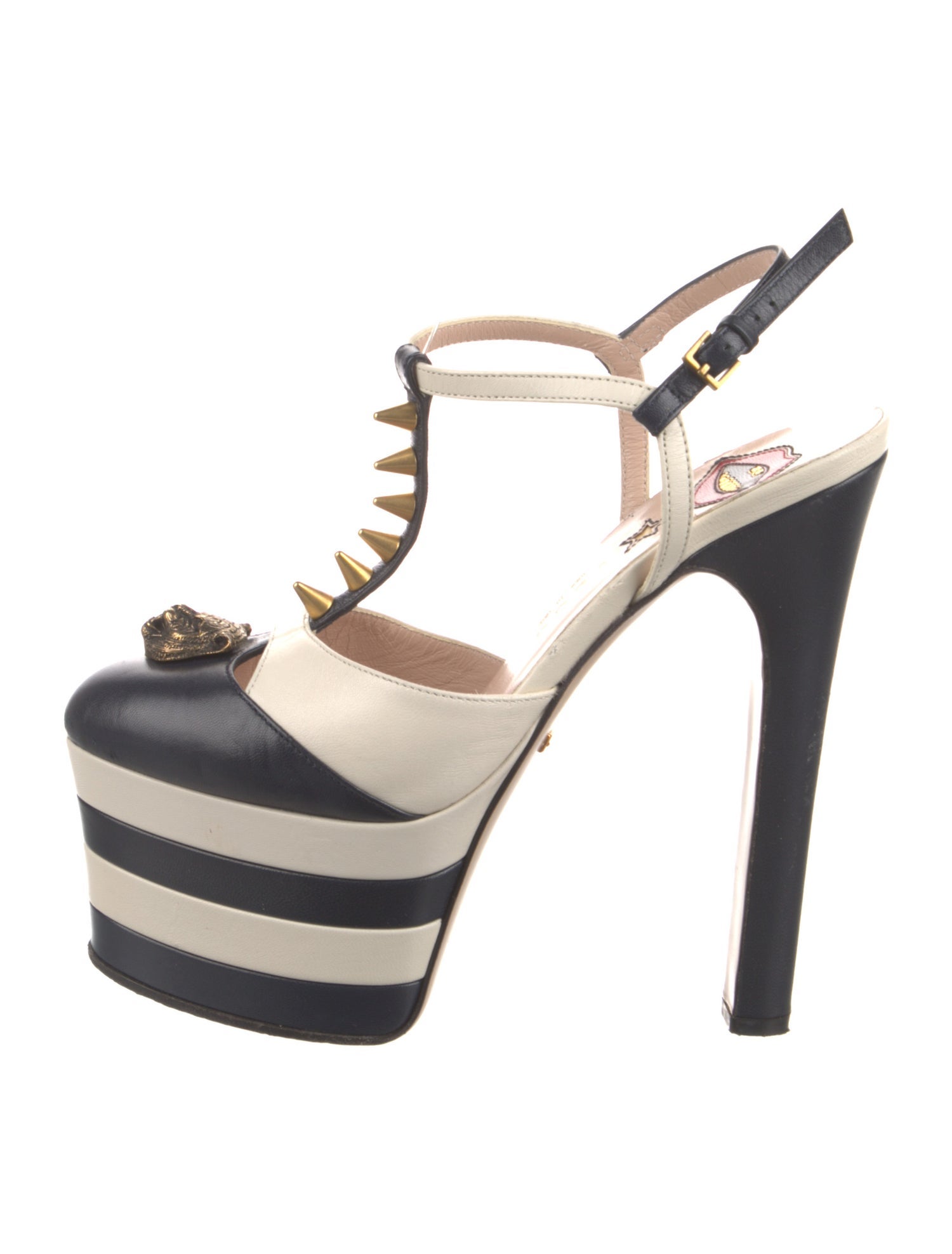Gucci Feline Head Accent Leather T-Strap Pumps