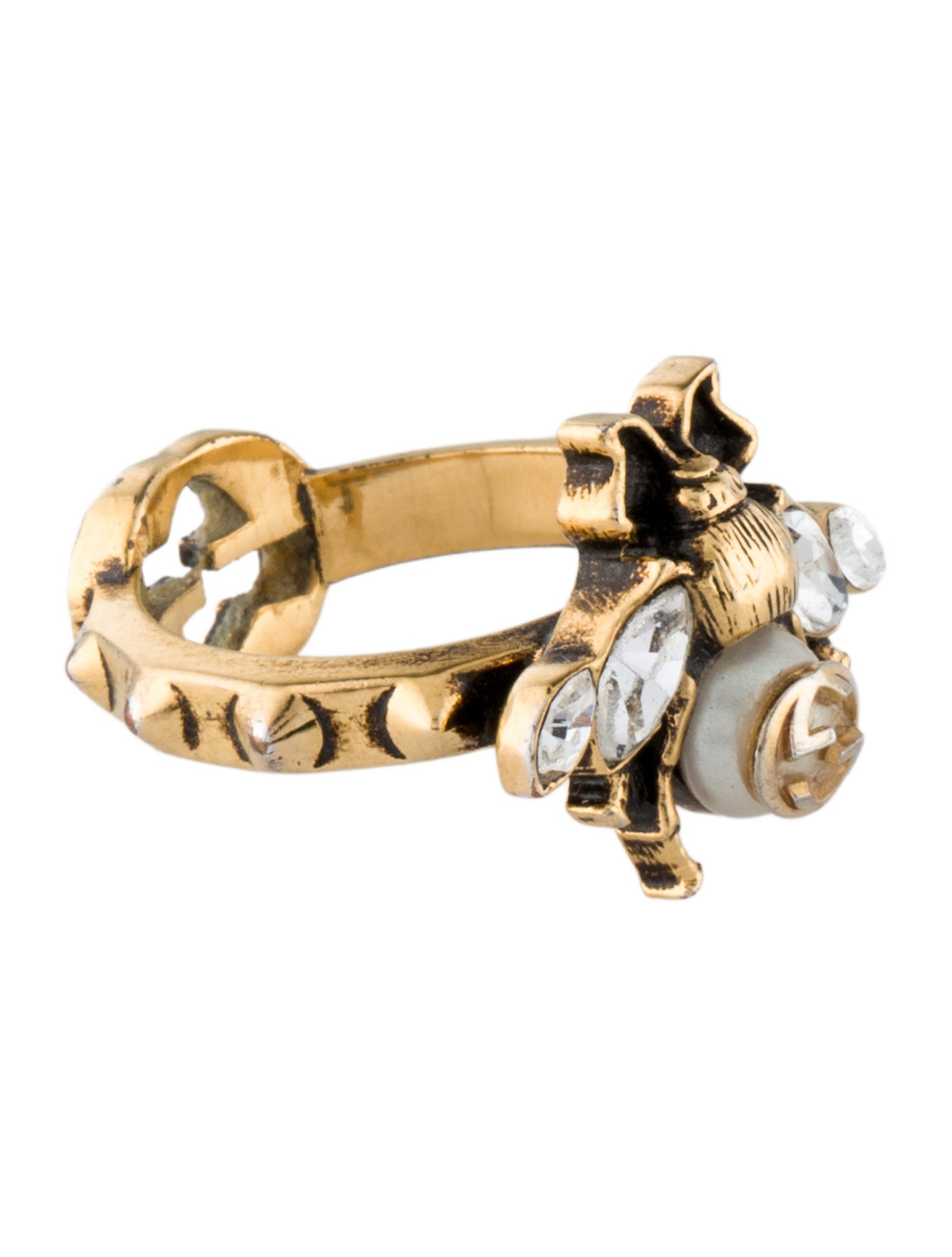 Gucci Faux Pearl & Crystal Double G Bee Ring
