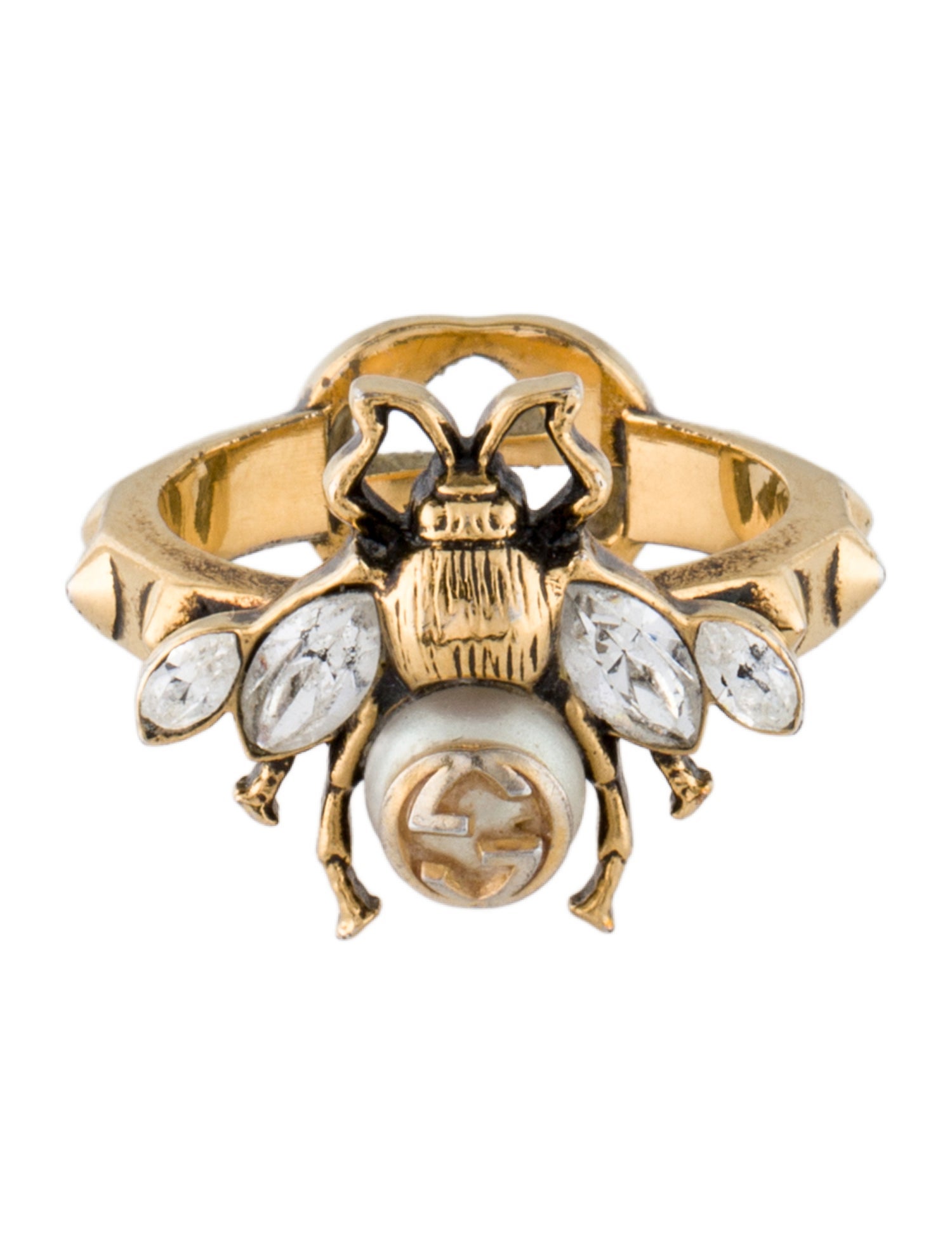 Gucci Faux Pearl & Crystal Double G Bee Ring