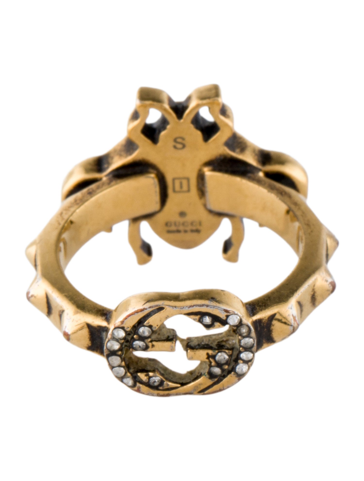 Gucci Faux Pearl & Crystal Double G Bee Ring