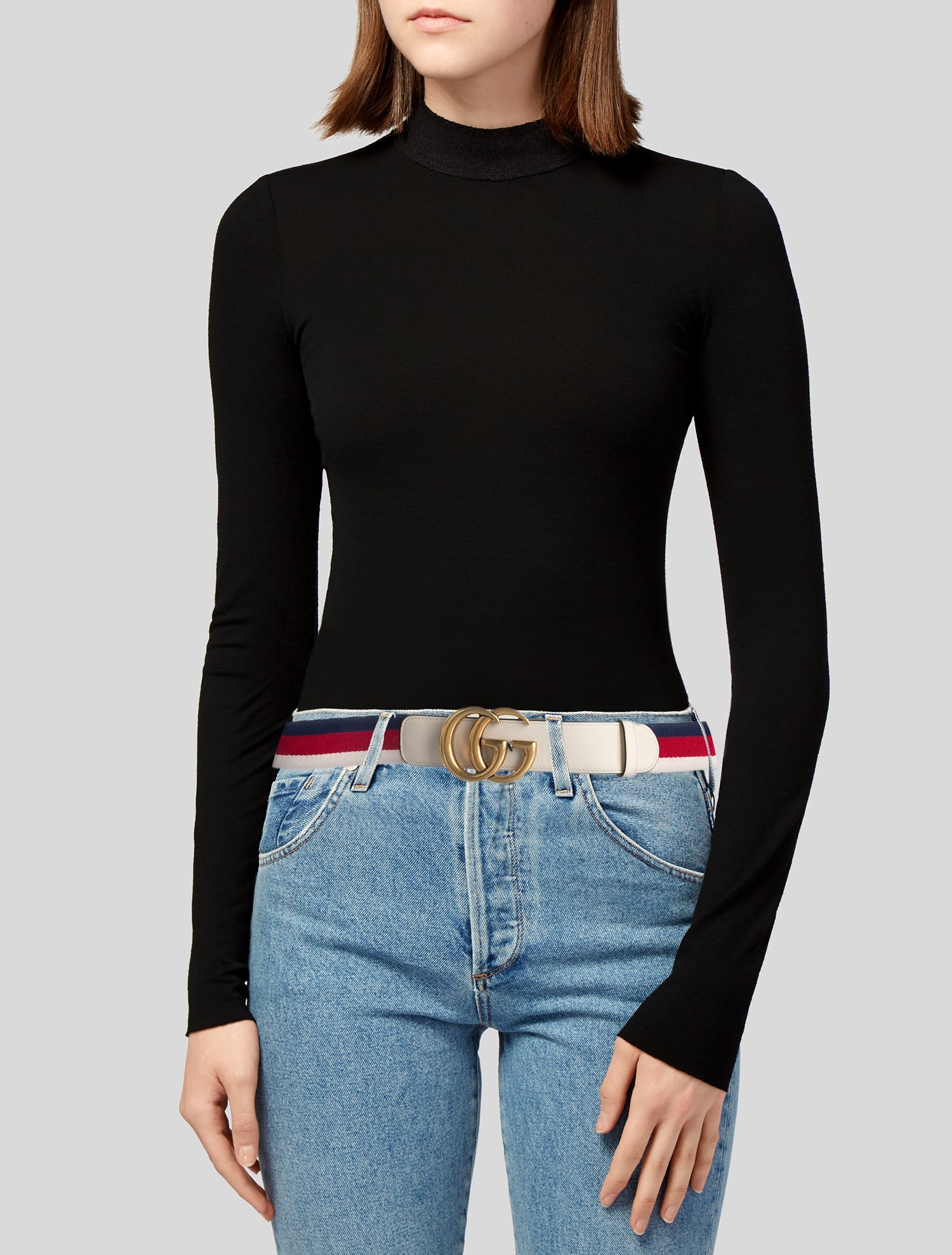 Gucci GG Logo Leather Trim Embellishment Belt