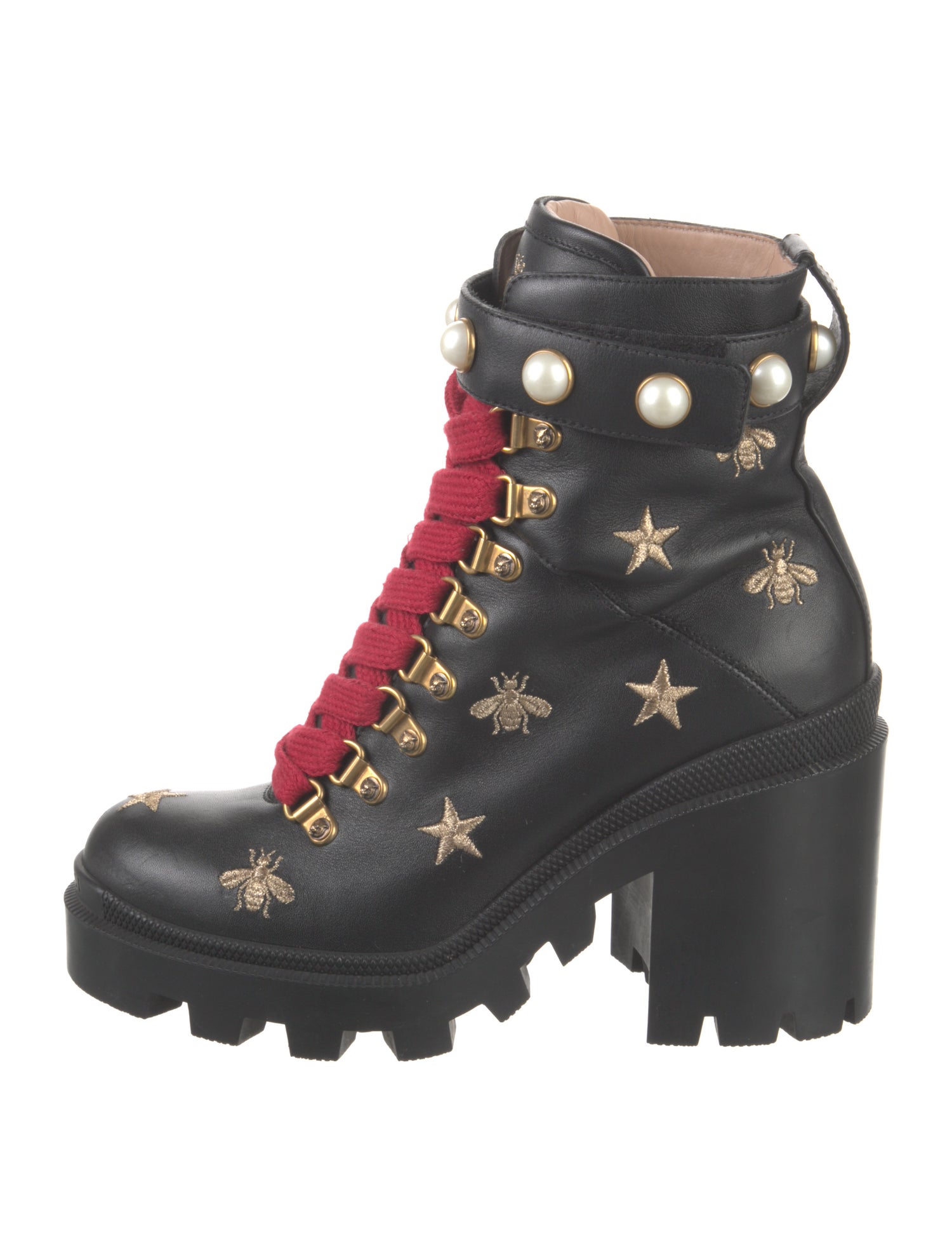 Gucci Sylvie Web Accent Leather Combat Boots