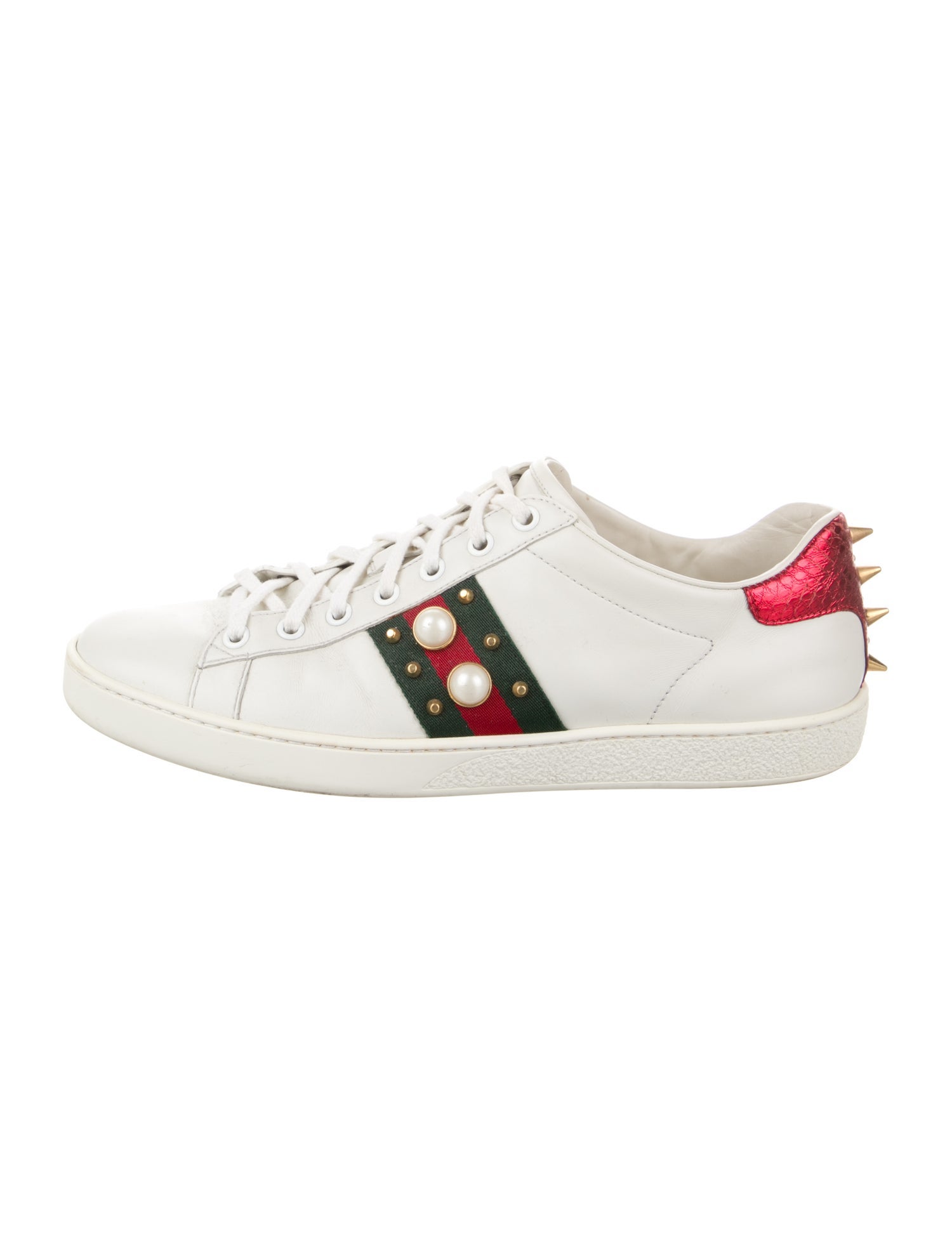 Gucci Faux Pearl Accents Leather Sneakers