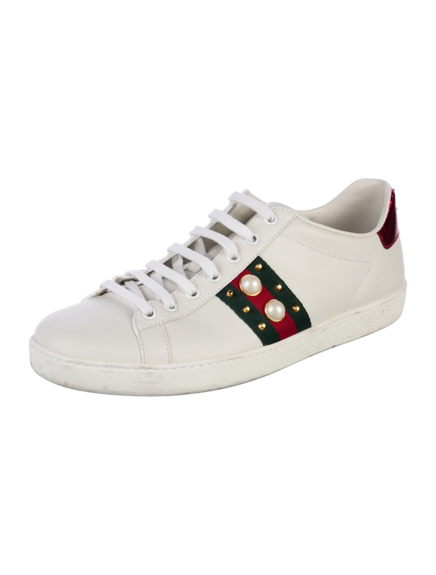 Gucci Faux Pearl Accents Leather Sneakers