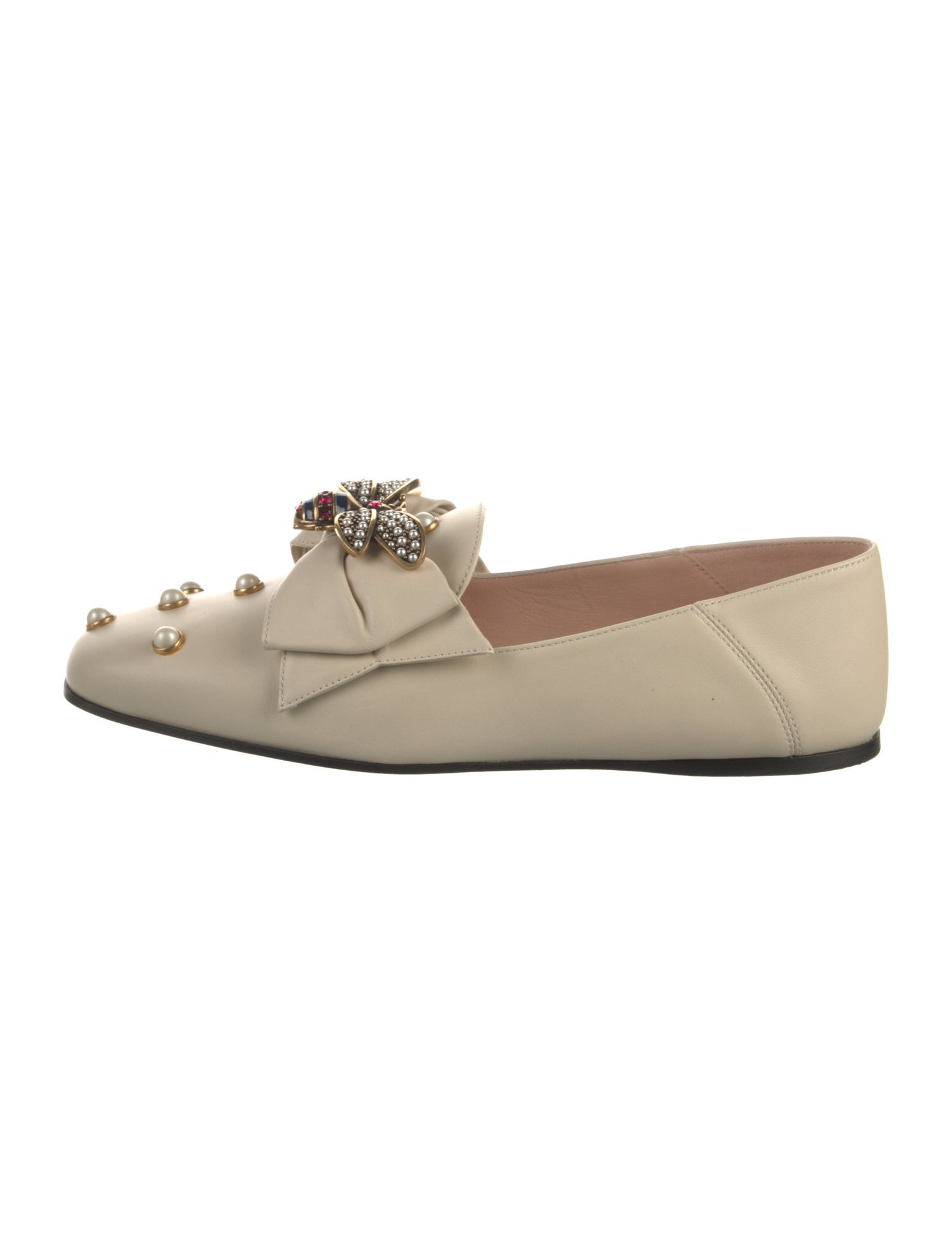 Gucci Faux Pearl Accents Leather Loafers