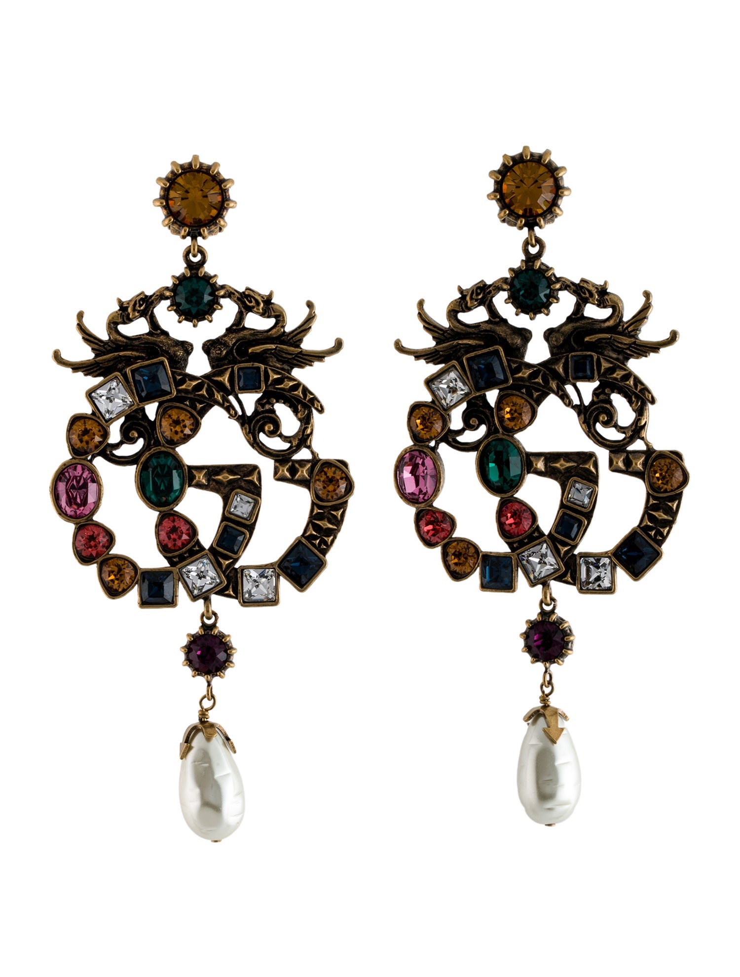 Gucci Crystal & Faux Pearl Double G Clip-On Earrings
