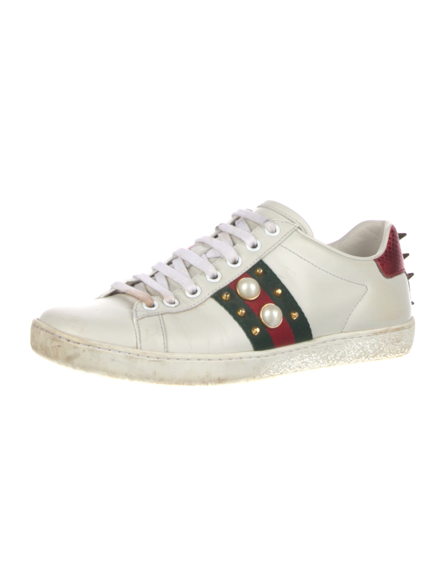 Gucci Faux Pearl Accents Leather Sneakers