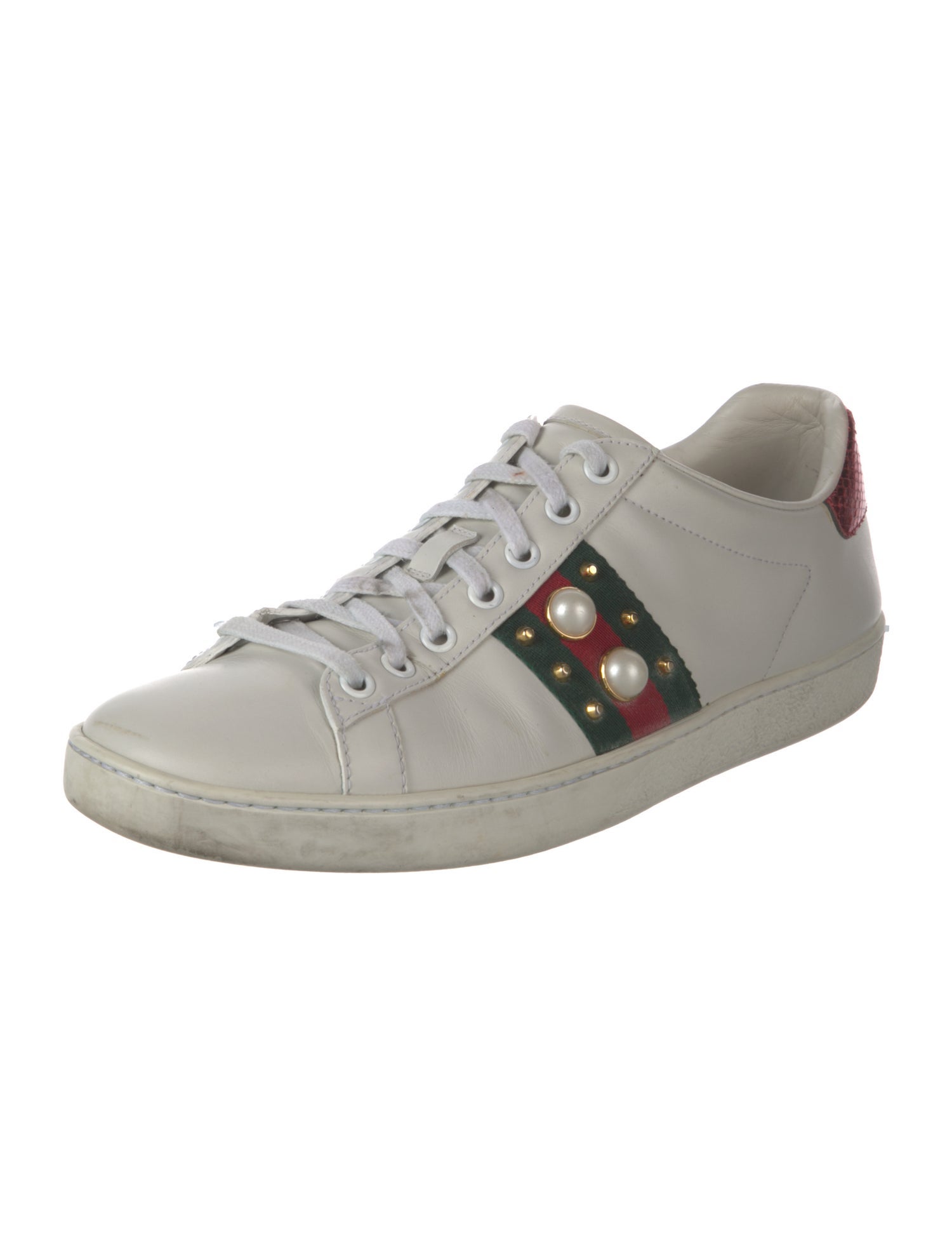Gucci Faux Pearl Accents Leather Sneakers