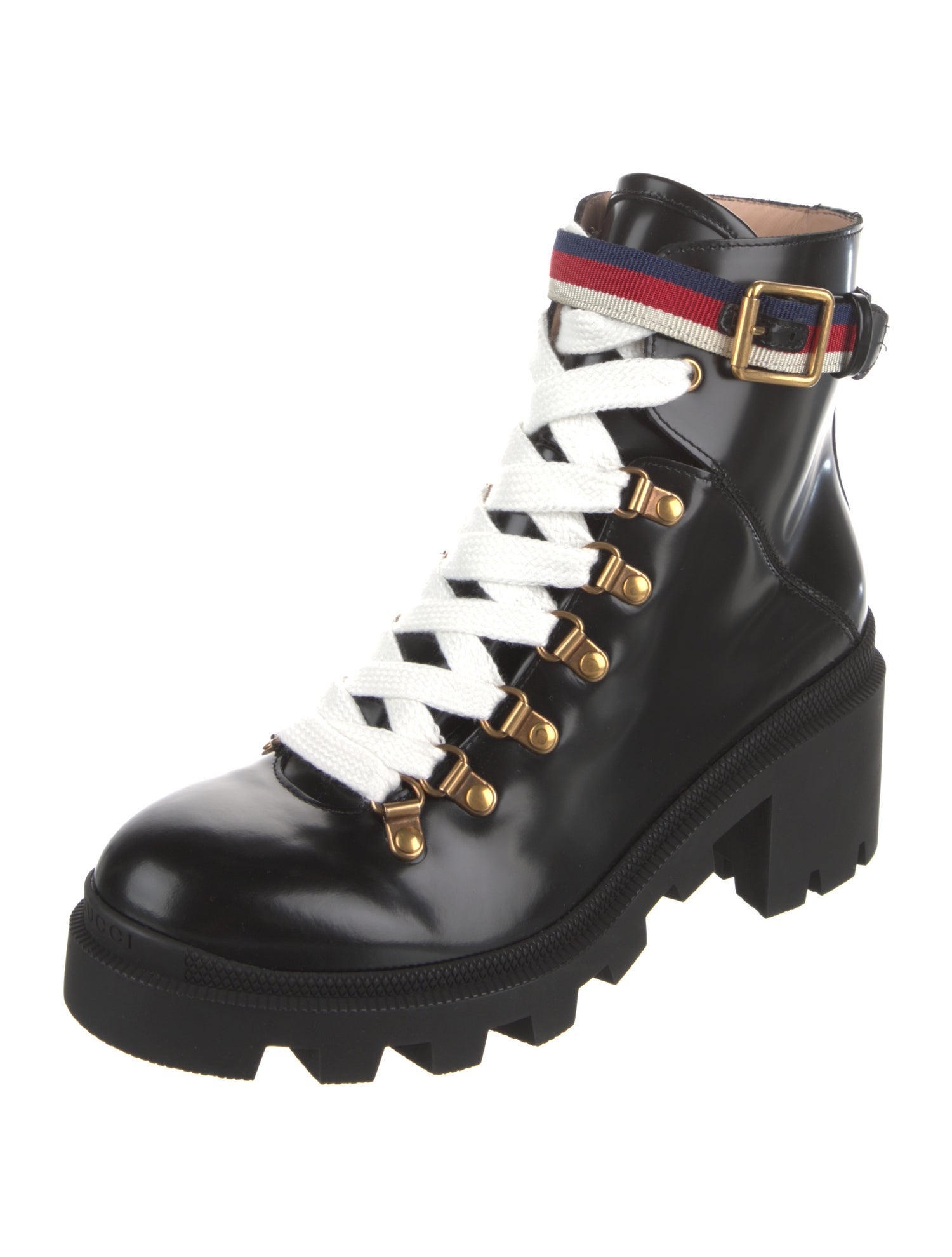 Gucci Sylvie Web Accent Leather Combat Boots