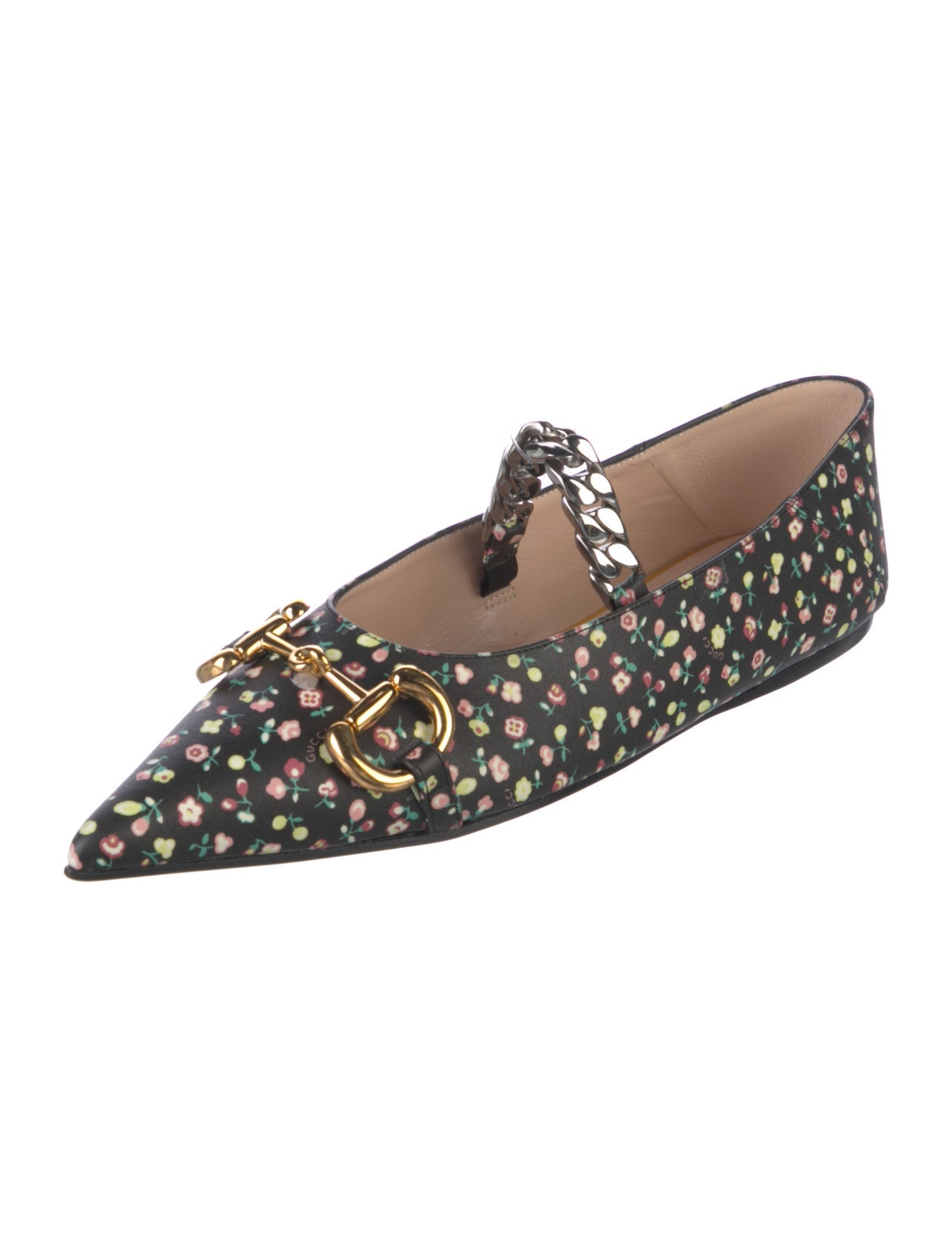 Gucci Floral Print Chain-Link Accents Mary Jane Flats