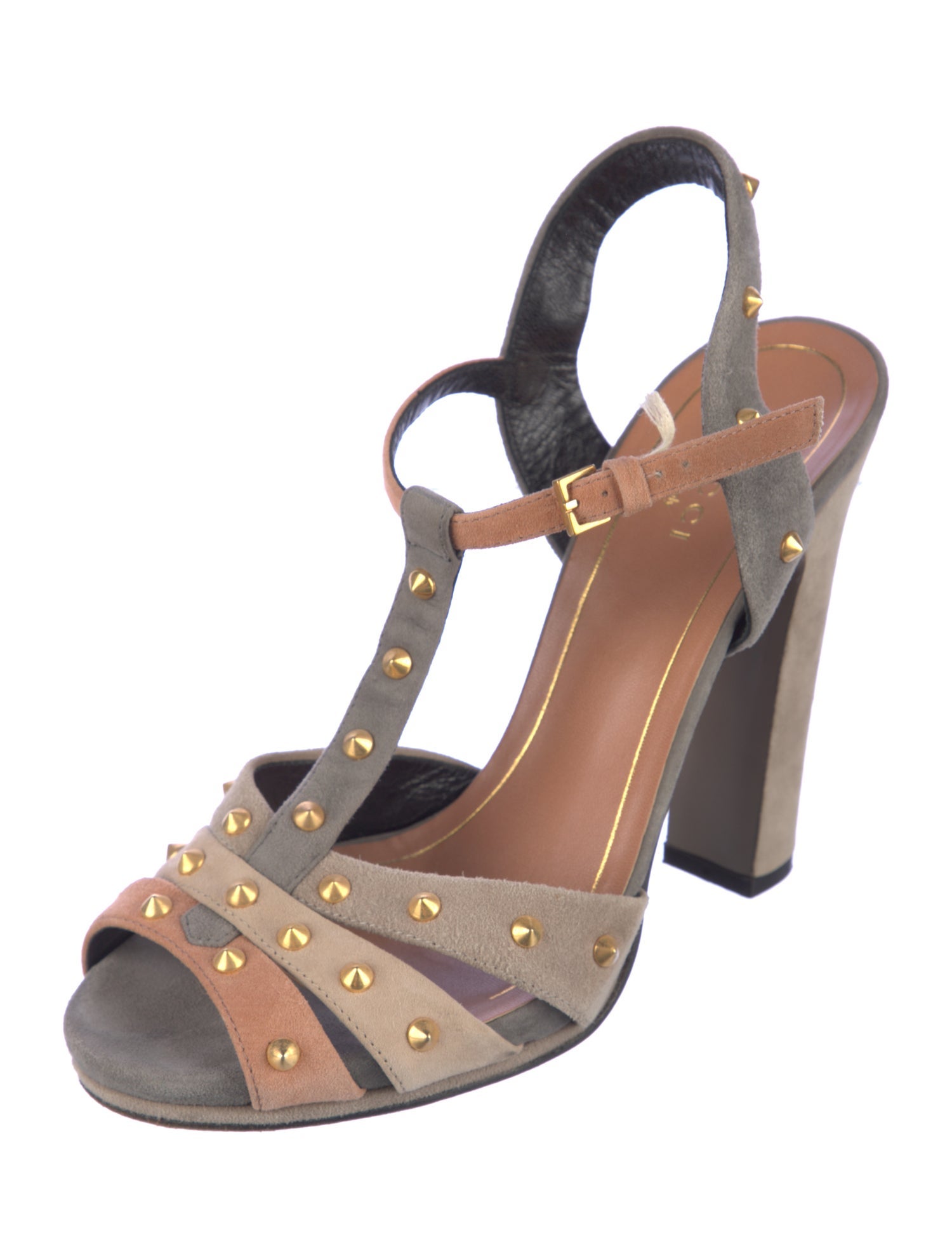 Gucci Suede Colorblock Pattern T-Strap Sandals