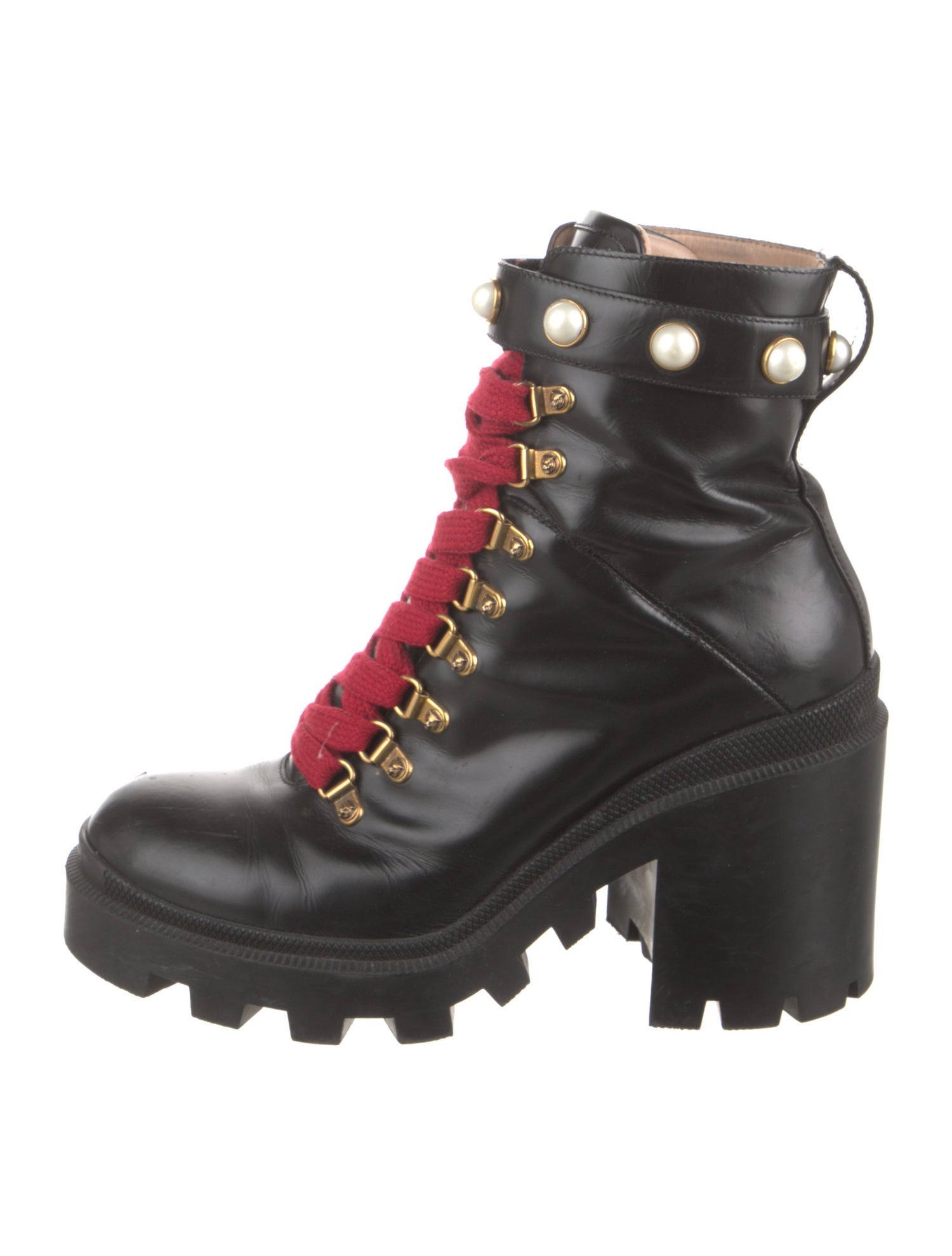 Gucci Faux Pearl Accents Leather Combat Boots