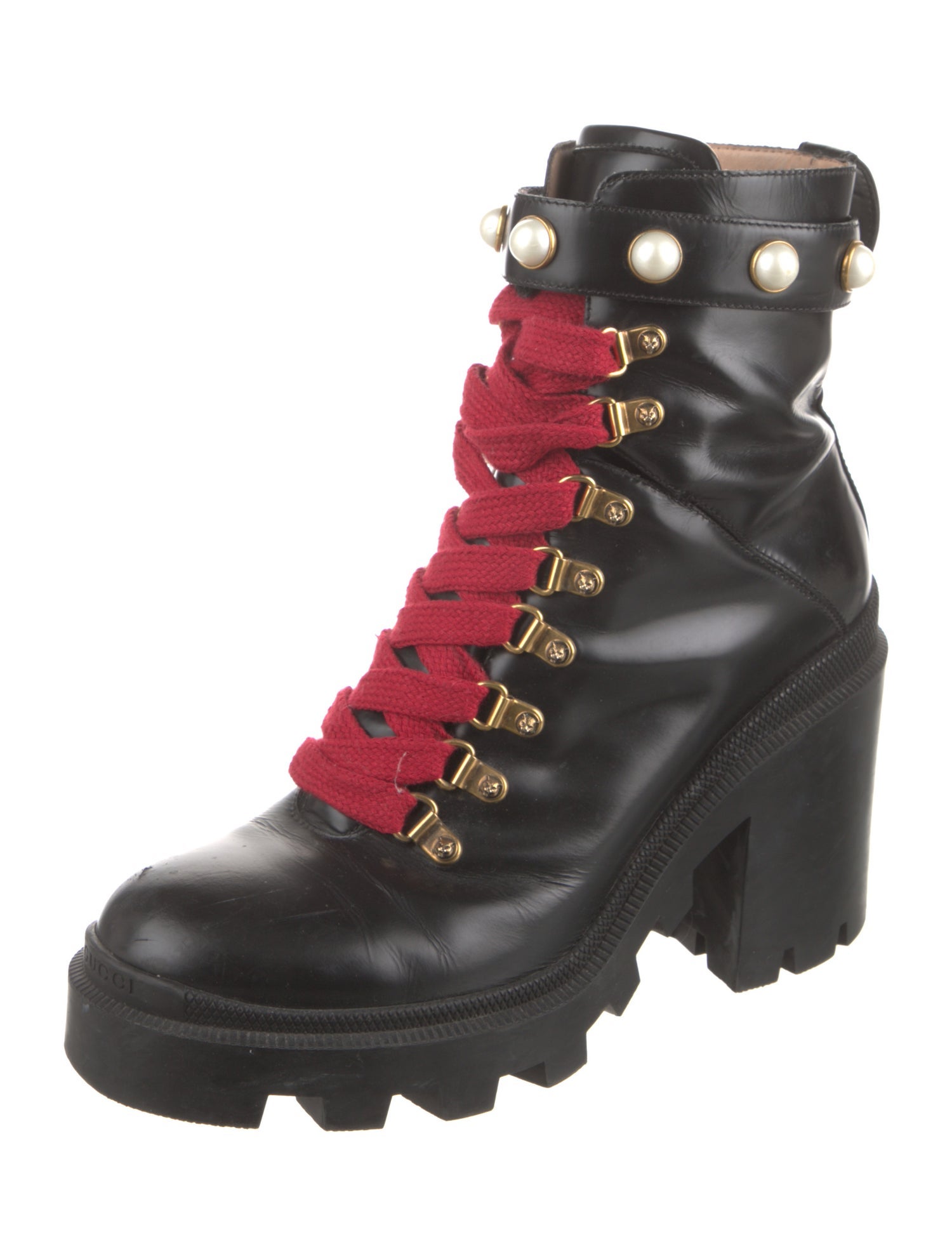 Gucci Faux Pearl Accents Leather Combat Boots