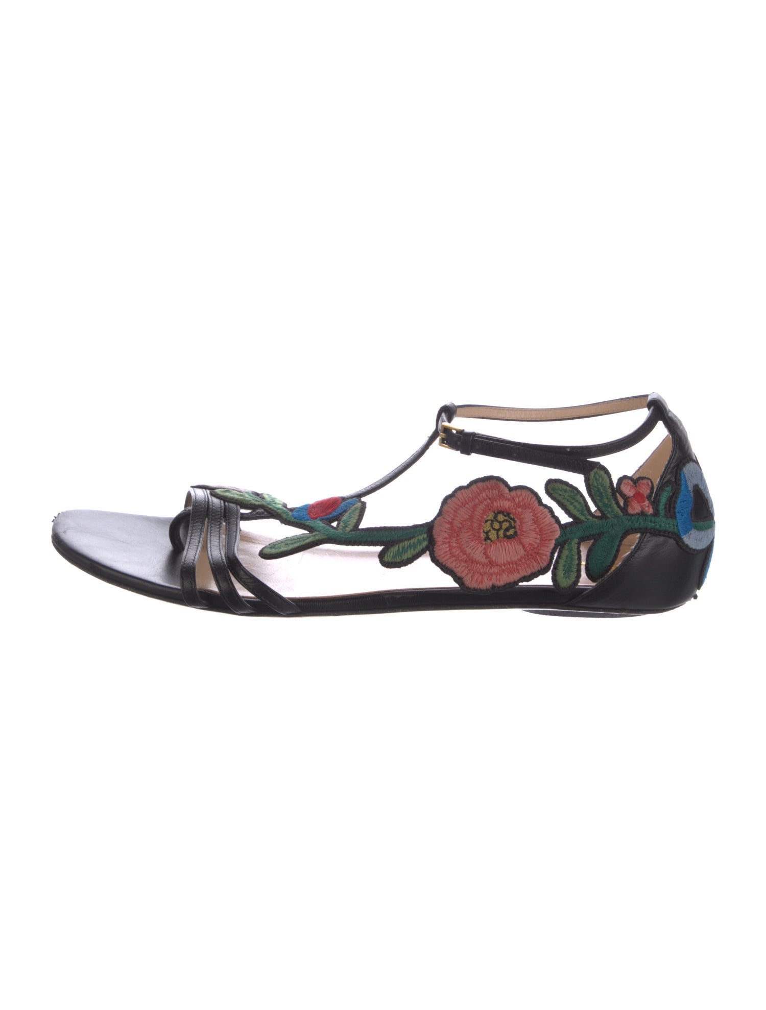 Gucci Leather Floral Print T-Strap Sandals